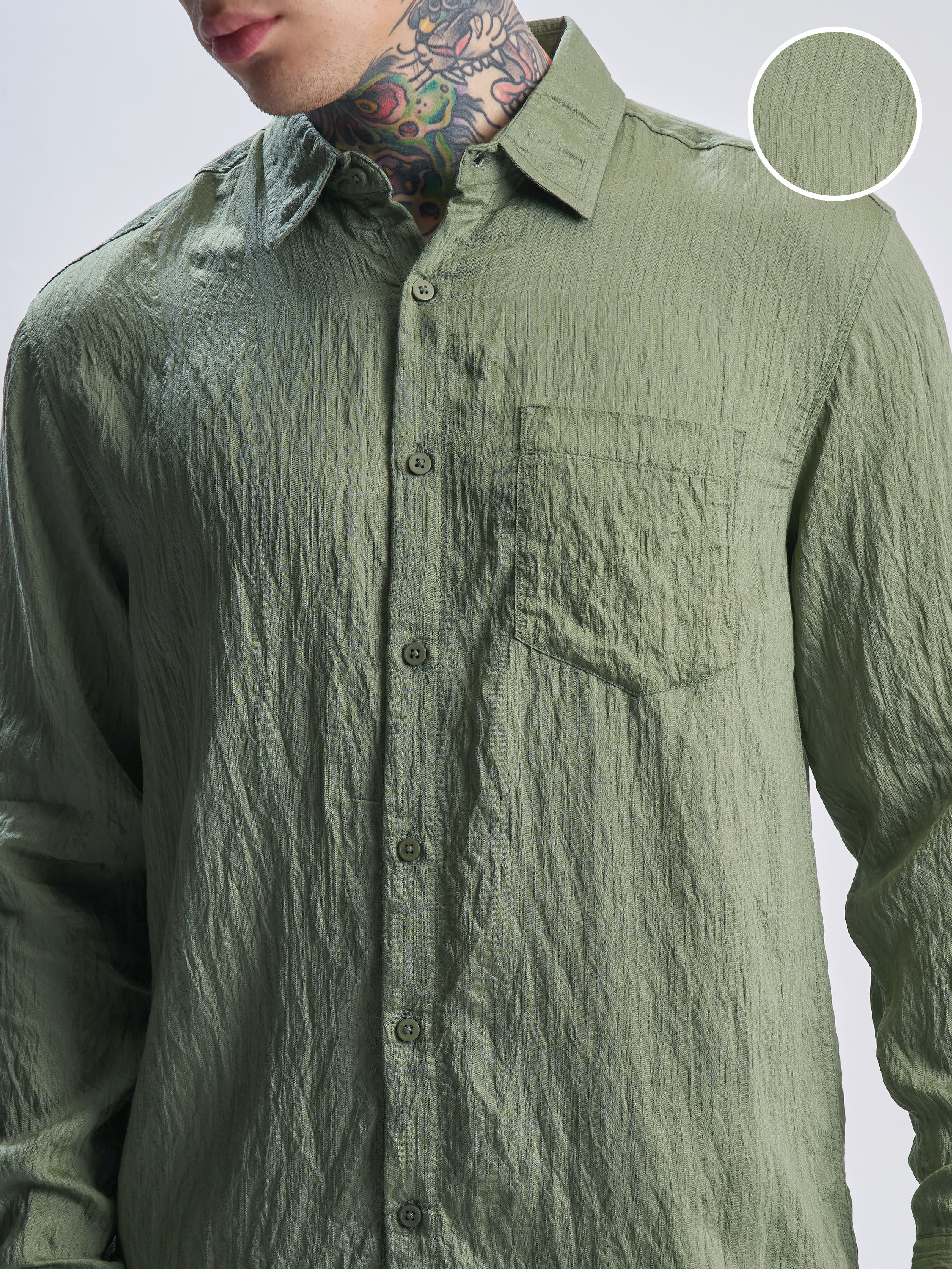 Highlander Men Green Crushed Relaxed Fit Casual Shirt - Green - Image 5