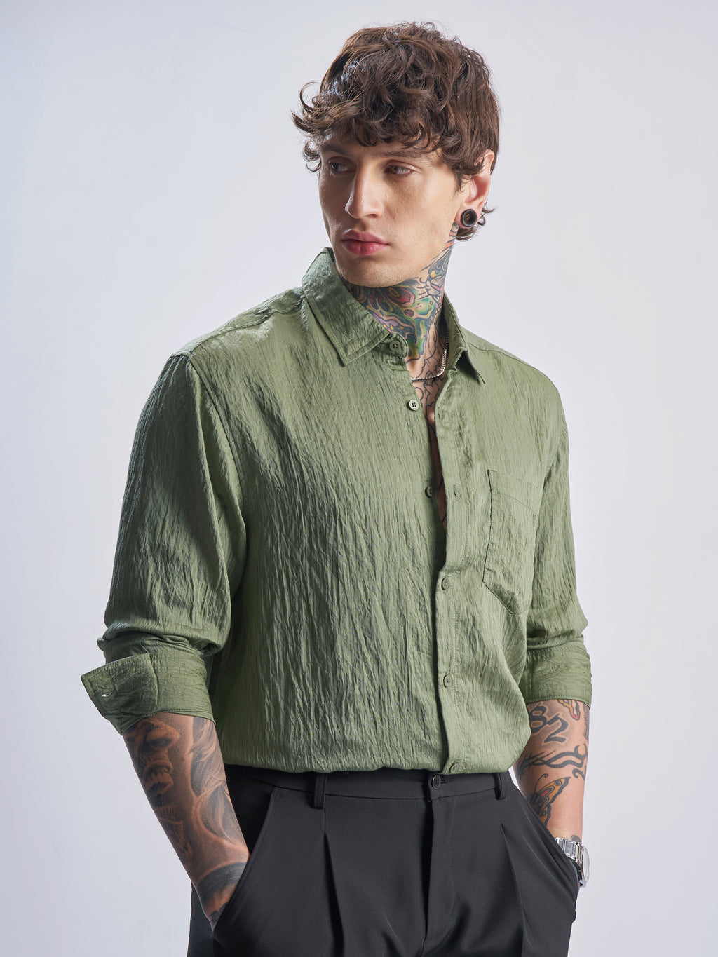 Highlander Men Green Crushed Relaxed Fit Casual Shirt - Green - Image 6