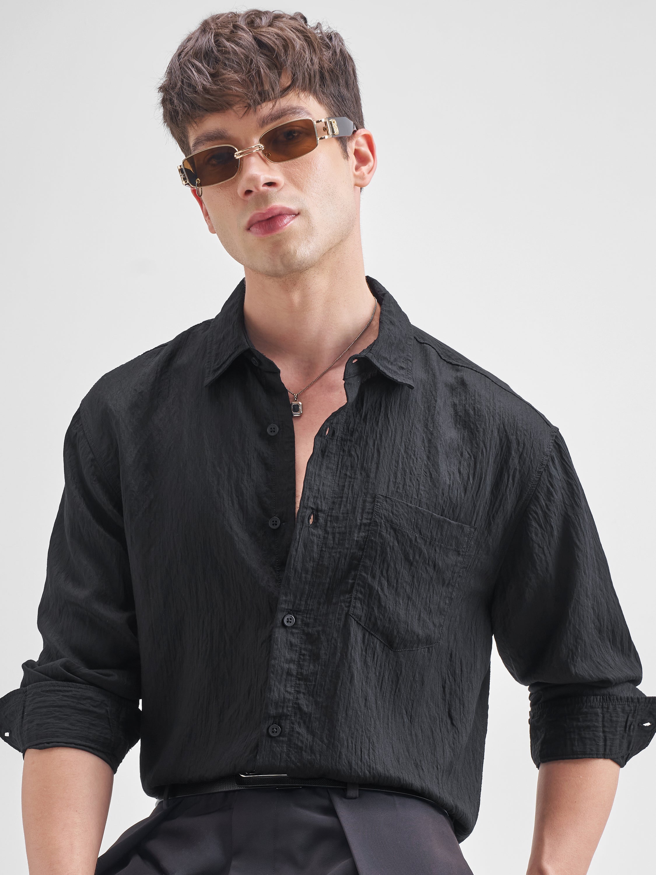Highlander Men Black Self Design Relaxed Fit Casual Shirt - Black - Image 1