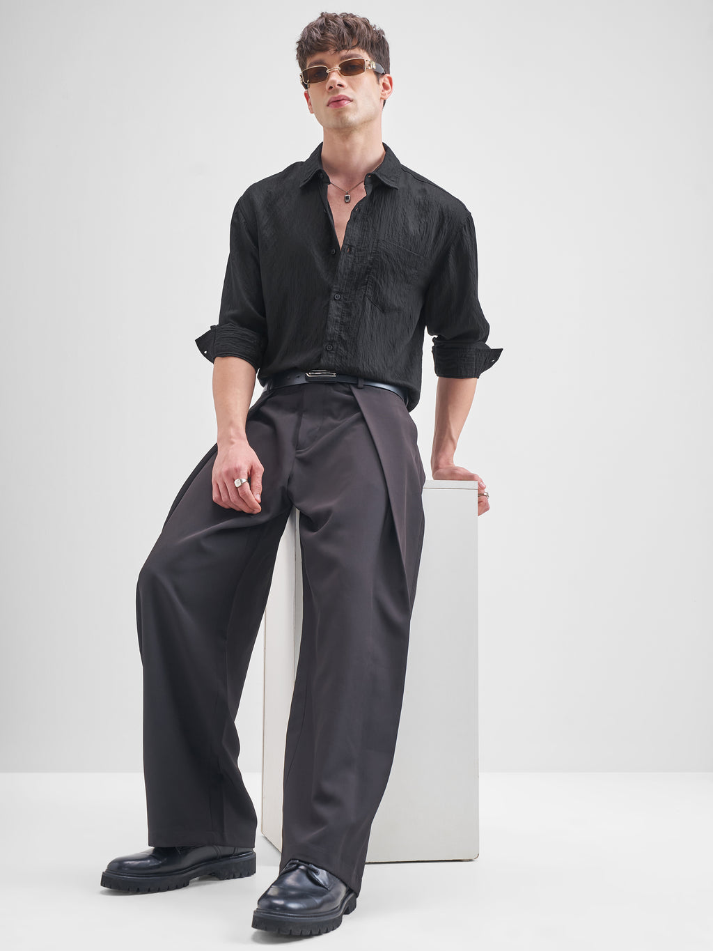 Highlander Men Black Self Design Relaxed Fit Casual Shirt - Black - Image 2