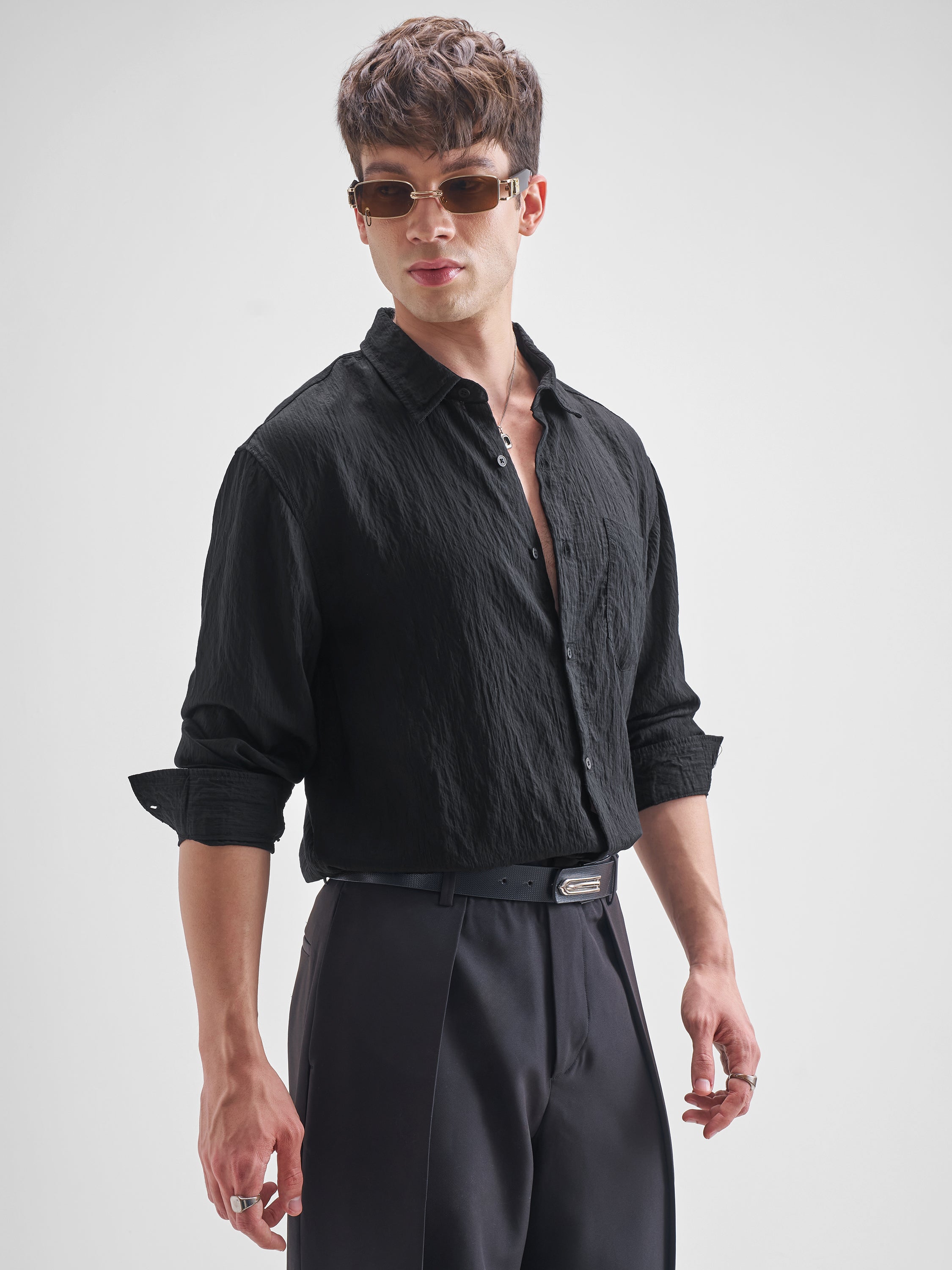 Highlander Men Black Self Design Relaxed Fit Casual Shirt - Black - Image 6