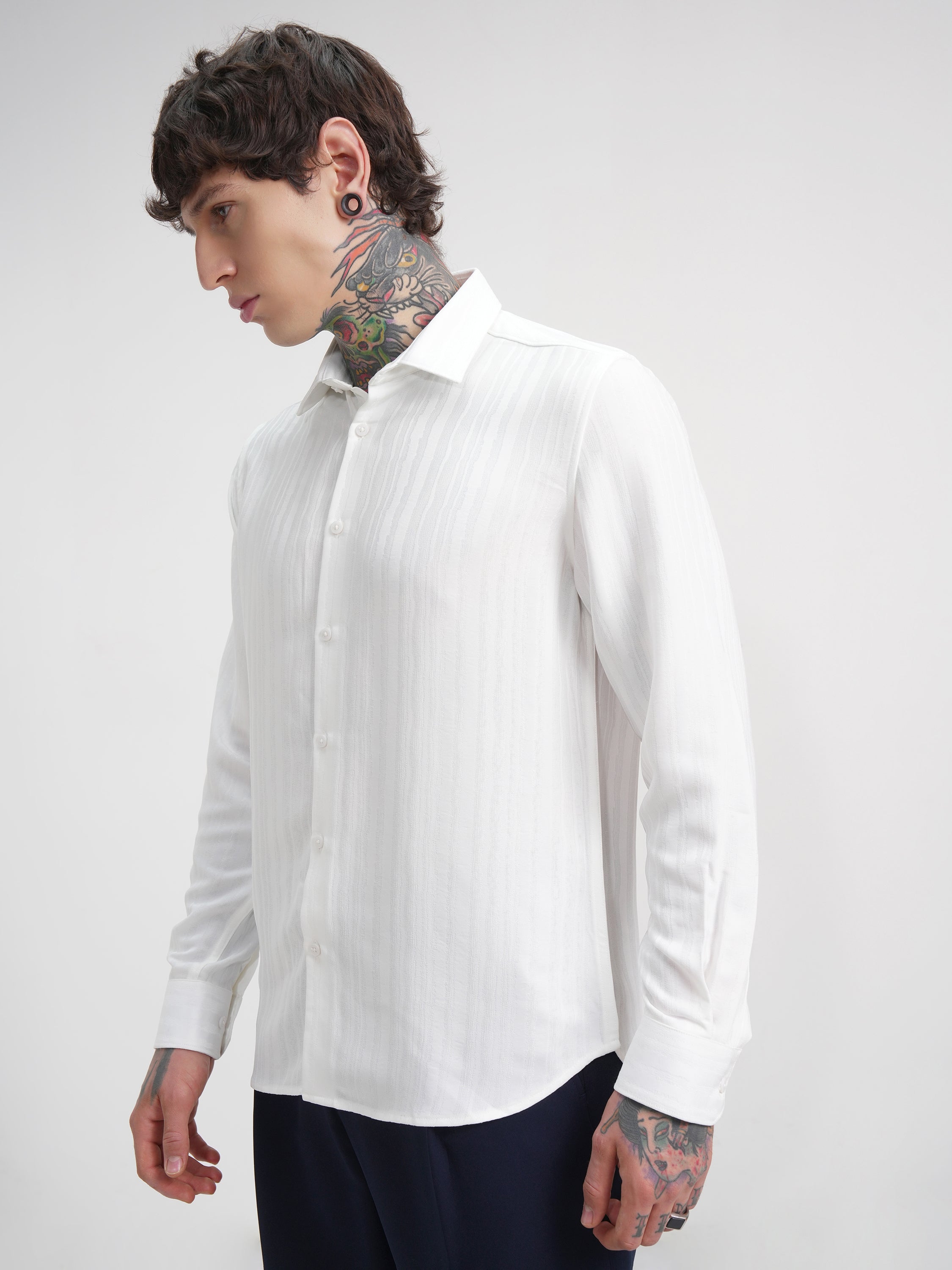 Highlander Men White Self Design Slim Fit Casual Shirt - White - Image 4