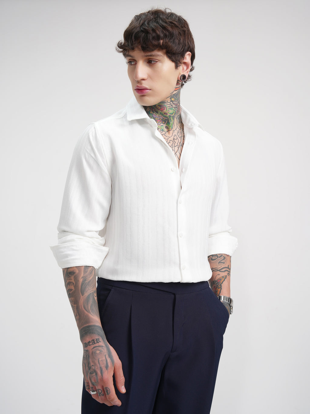 Highlander Men White Self Design Slim Fit Casual Shirt - White - Image 6