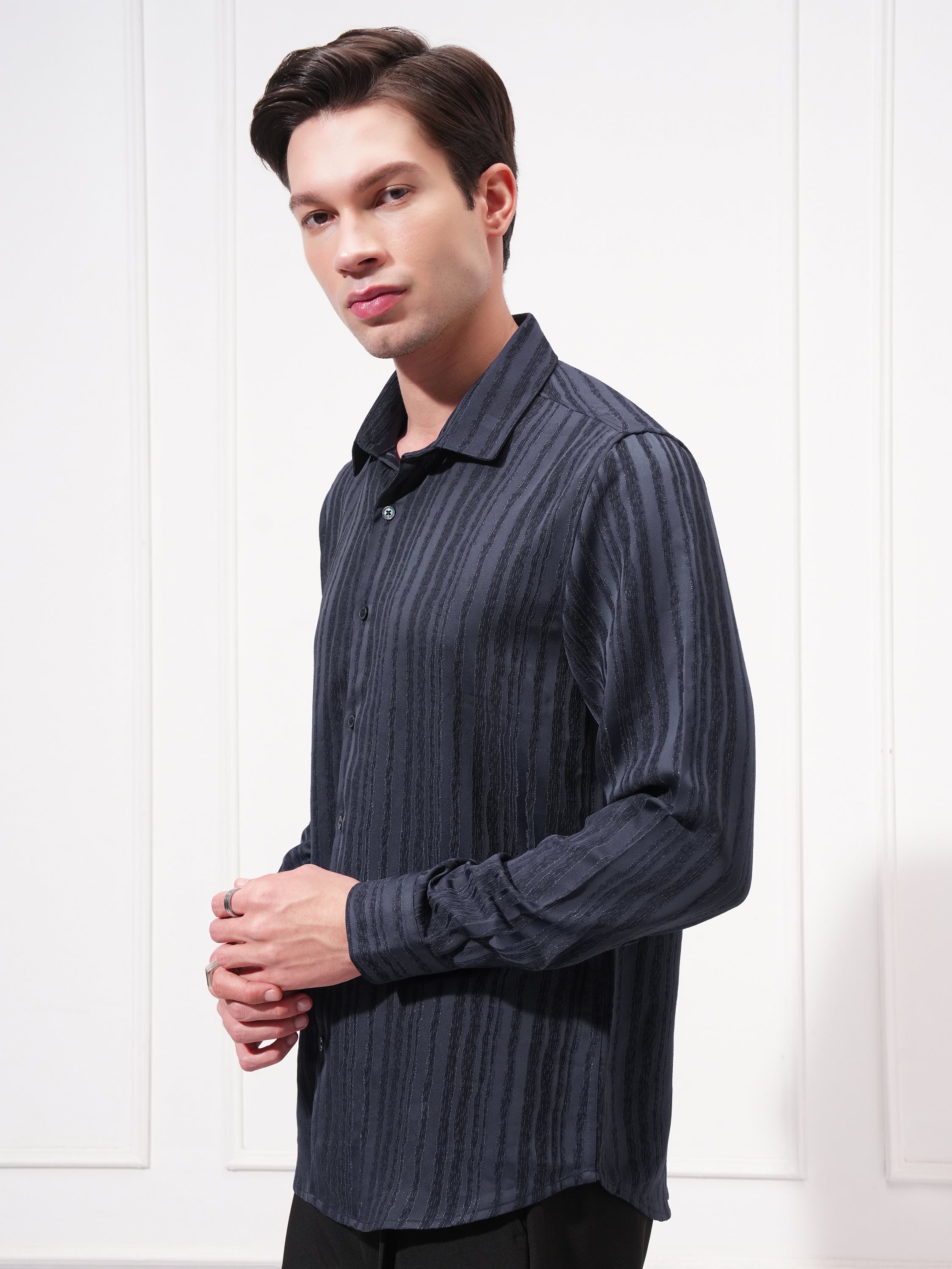 Highlander Men Navy Blue Striped Slim Fit Casual Shirt - Navy Blue - Image 4