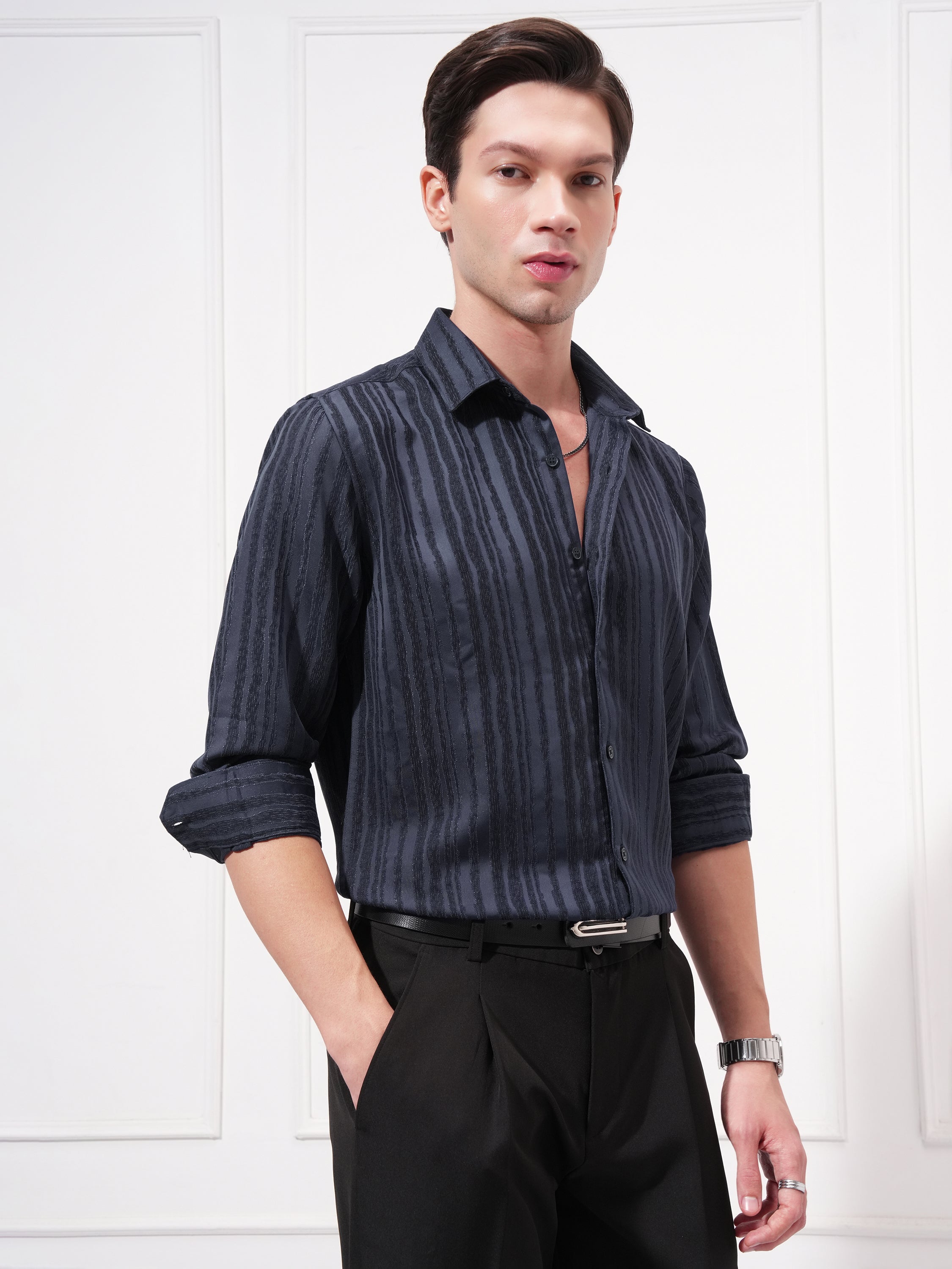 Highlander Men Navy Blue Striped Slim Fit Casual Shirt - Navy Blue - Image 6