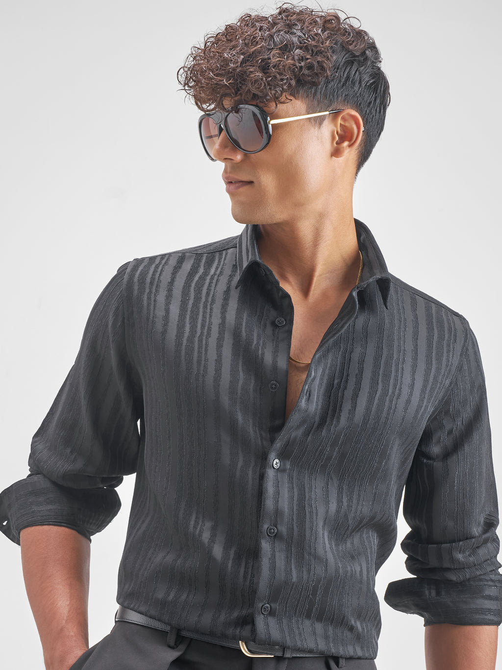 Highlander Men Black Self Design Slim Fit Casual Shirt - Black - Image 1