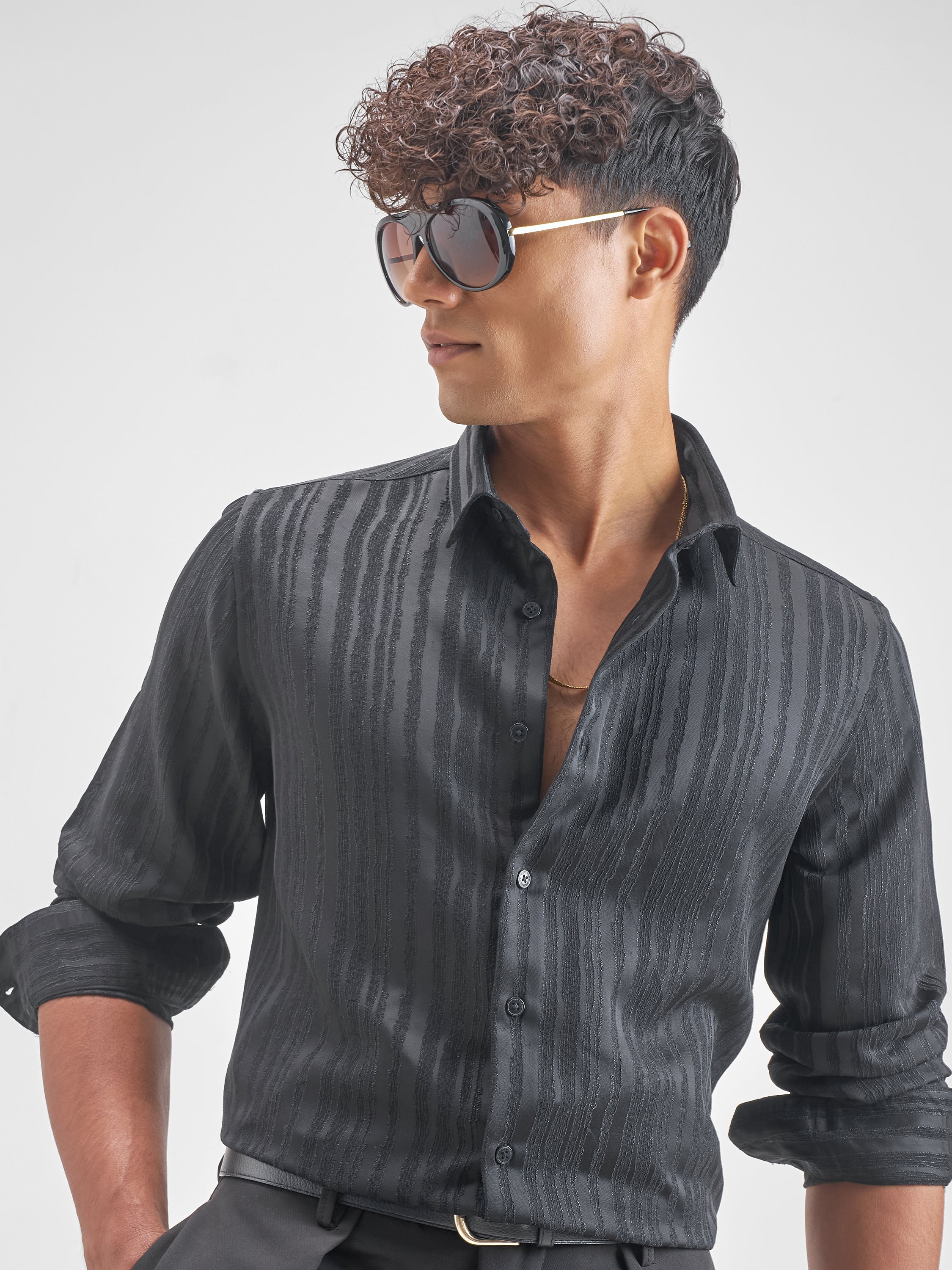 Highlander Men Black Self Design Slim Fit Casual Shirt - Black - Image 1