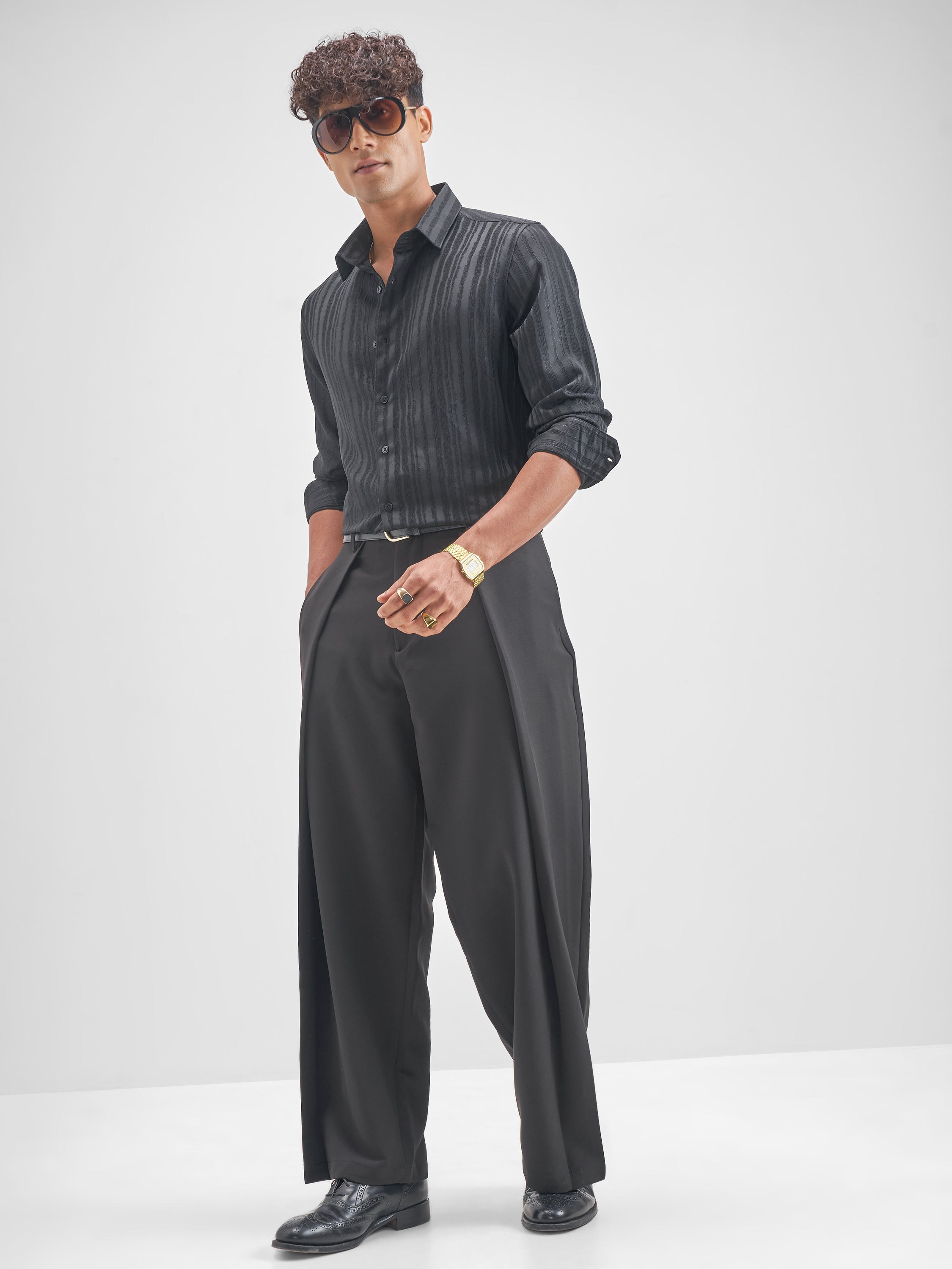 Highlander Men Black Self Design Slim Fit Casual Shirt - Black - Image 2