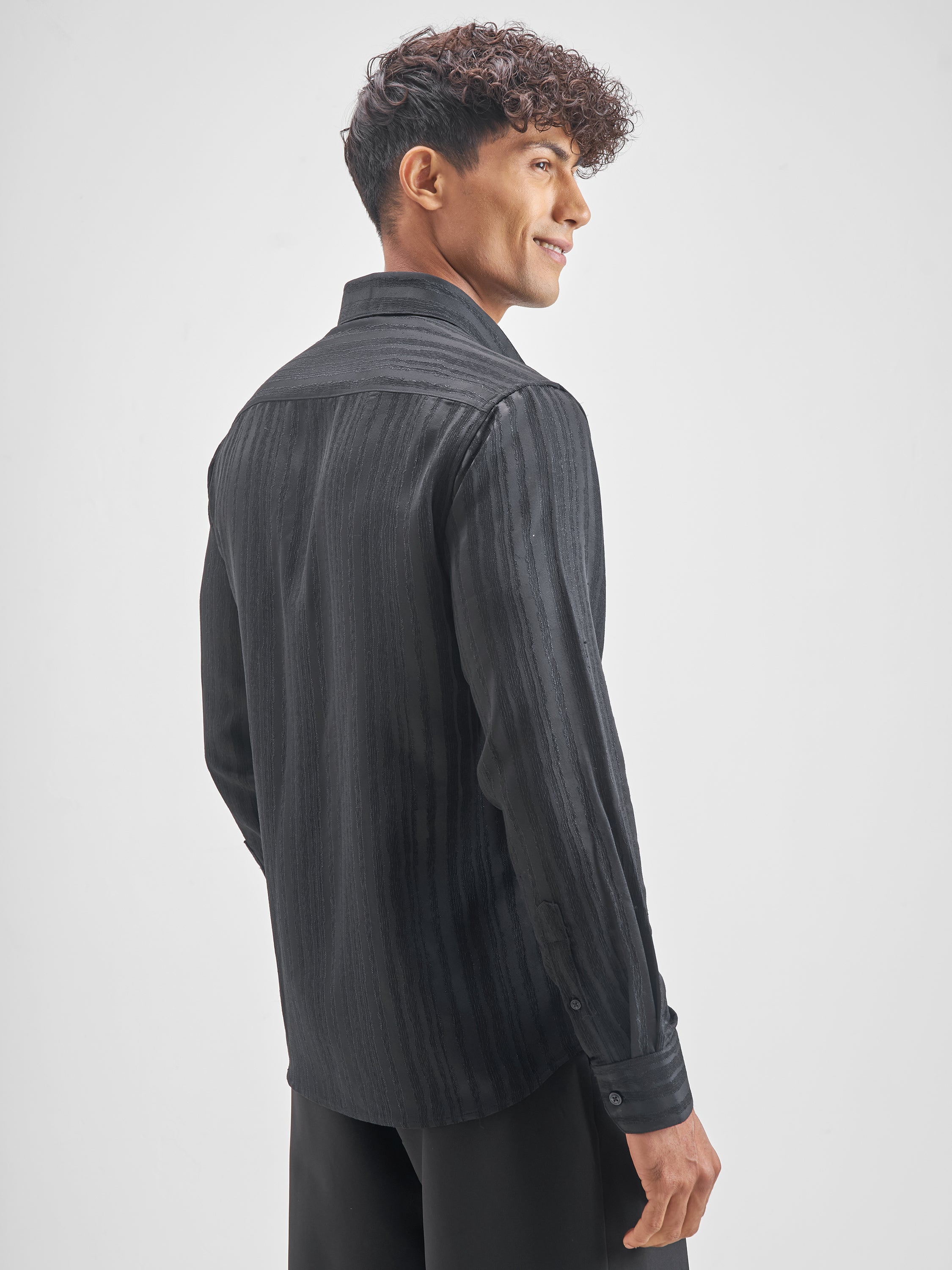 Highlander Men Black Self Design Slim Fit Casual Shirt - Black - Image 3