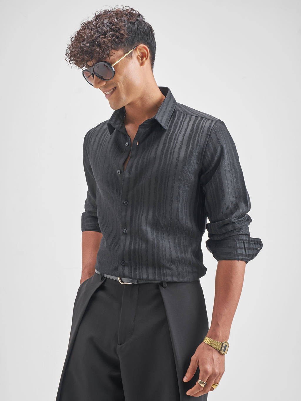Highlander Men Black Self Design Slim Fit Casual Shirt - Black - Image 4