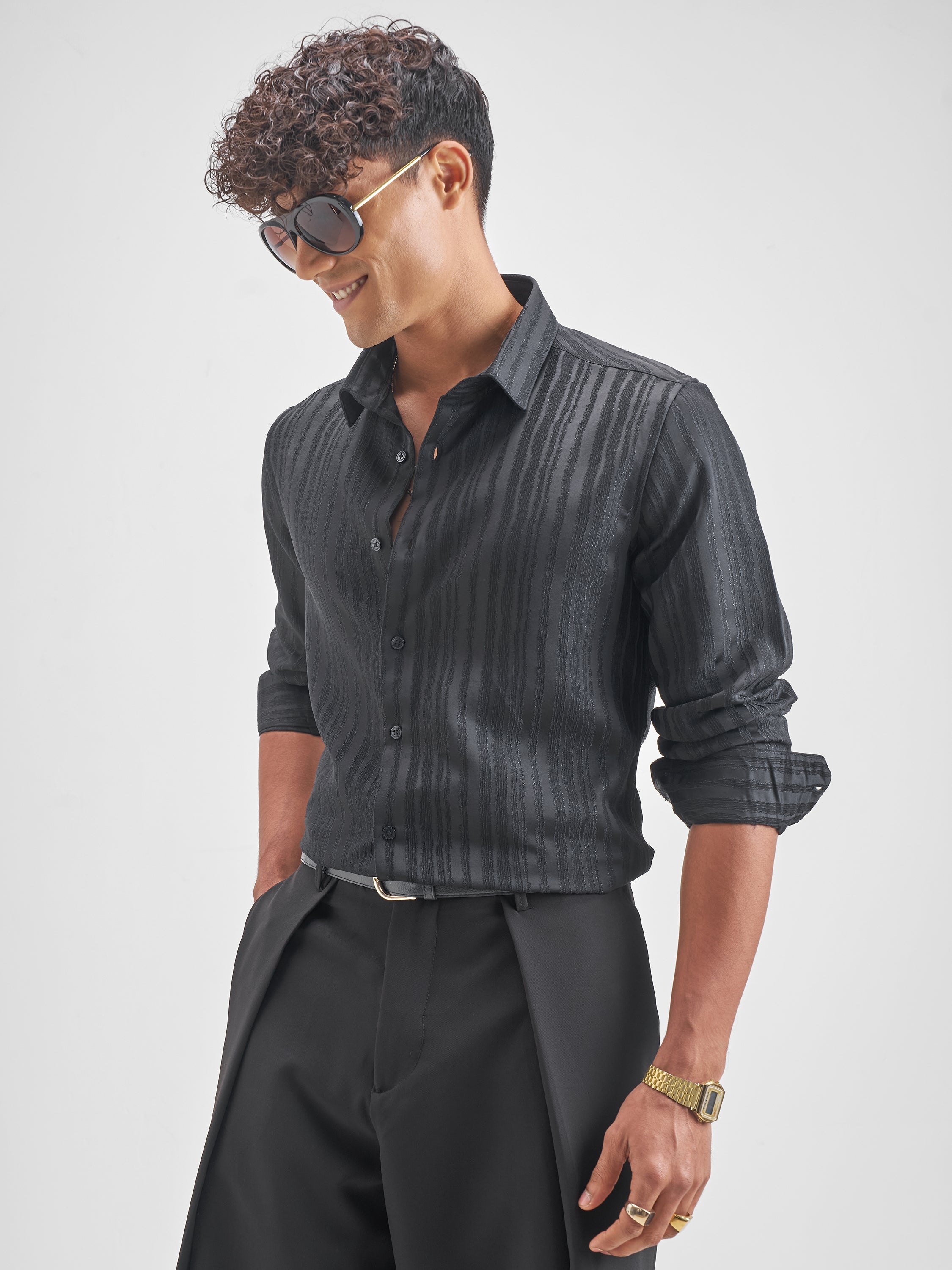 Highlander Men Black Self Design Slim Fit Casual Shirt - Black - Image 4