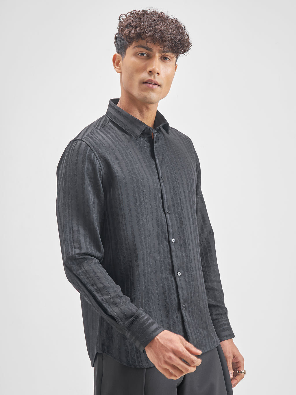 Highlander Men Black Self Design Slim Fit Casual Shirt - Black - Image 6