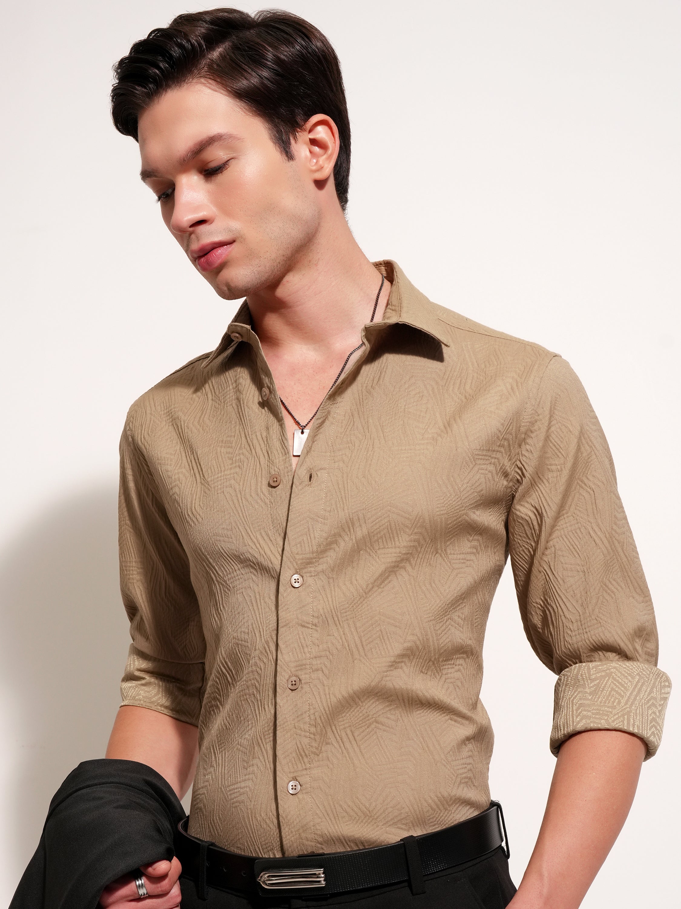 Highlander Men Khaki Self Design Slim Fit Casual Shirt - Khaki - Image 1