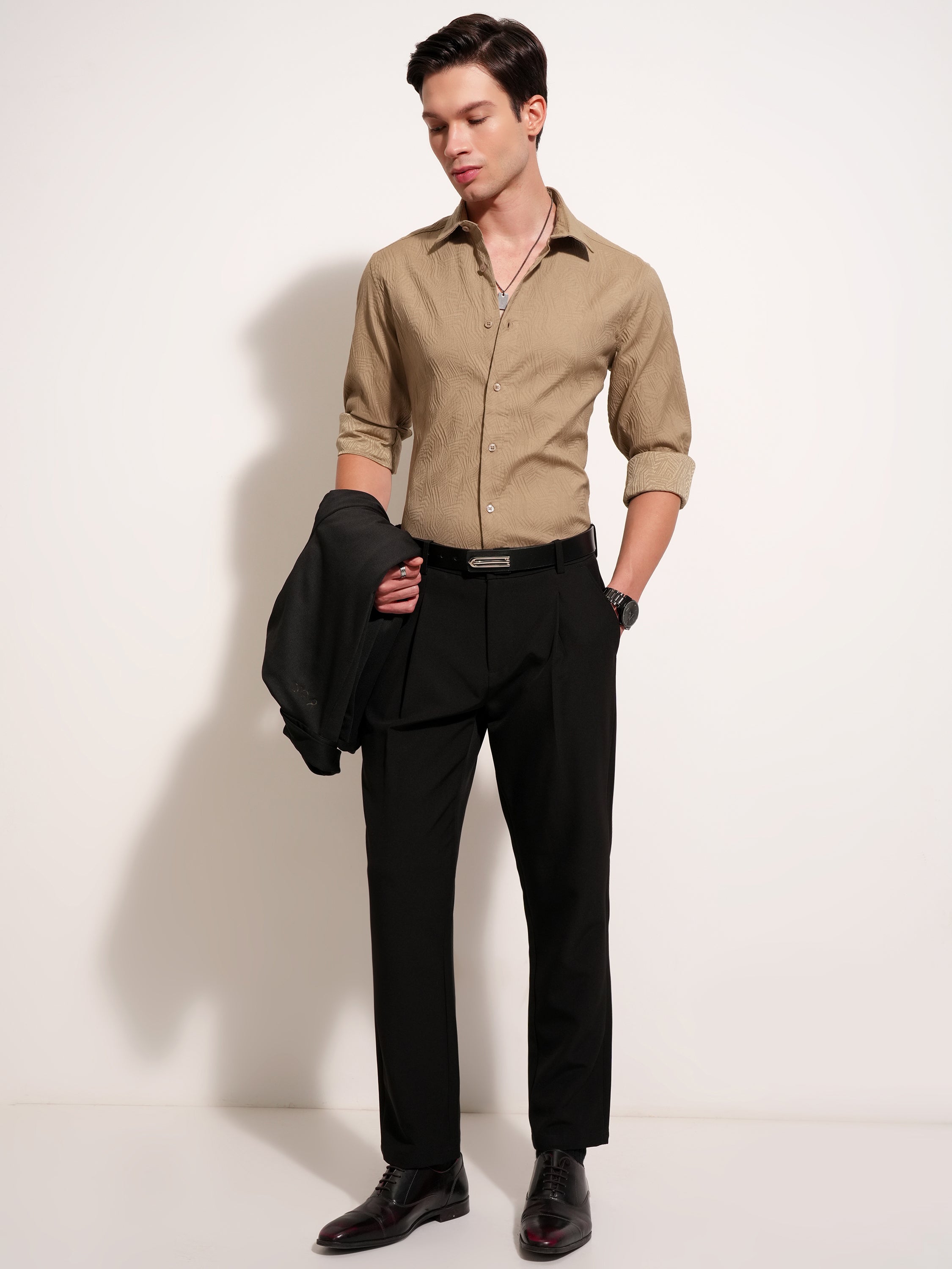 Highlander Men Khaki Self Design Slim Fit Casual Shirt - Khaki - Image 2