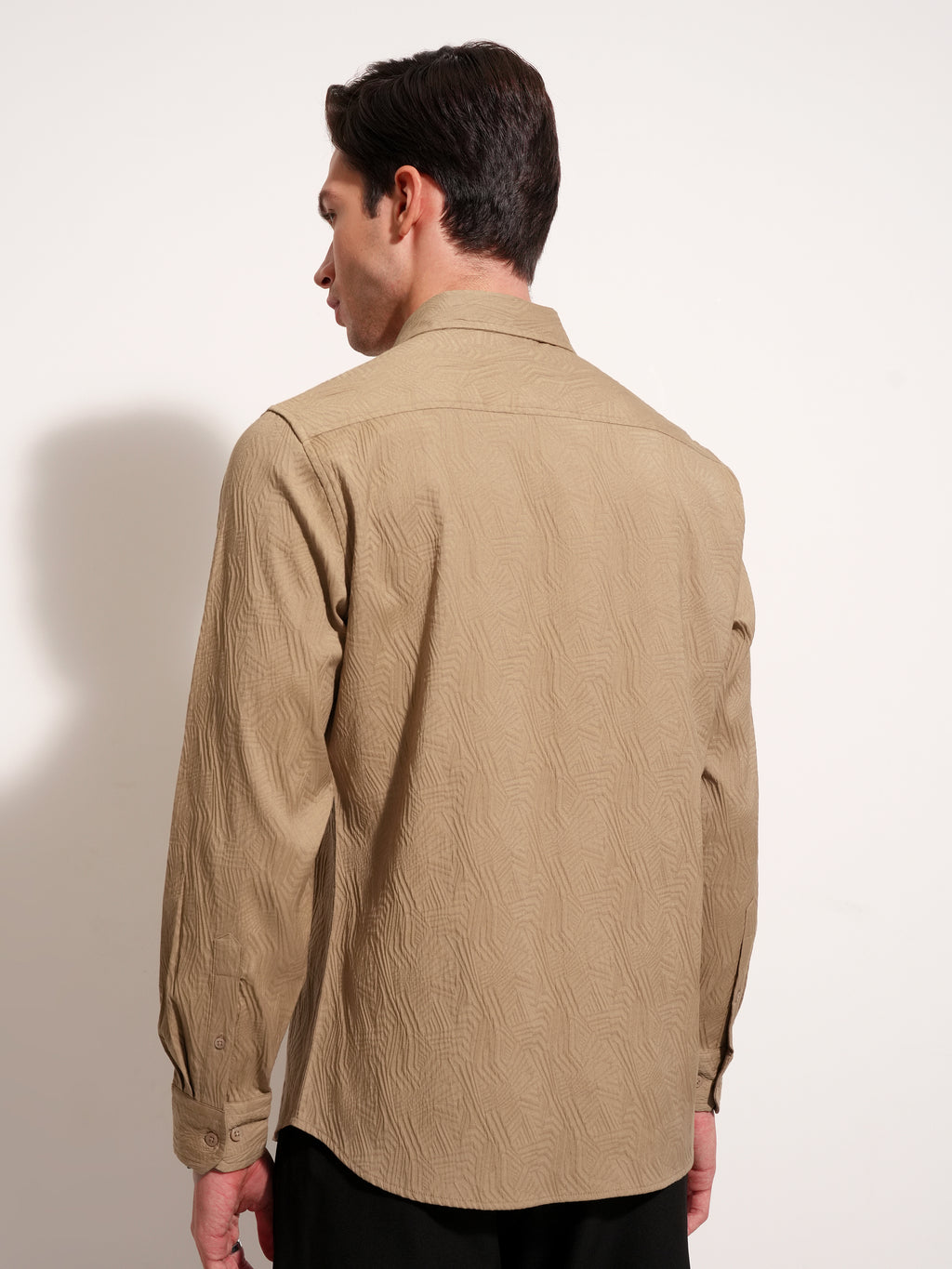 Highlander Men Khaki Self Design Slim Fit Casual Shirt - Khaki - Image 3