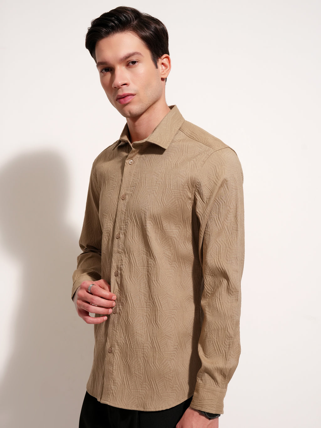 Highlander Men Khaki Self Design Slim Fit Casual Shirt - Khaki - Image 4
