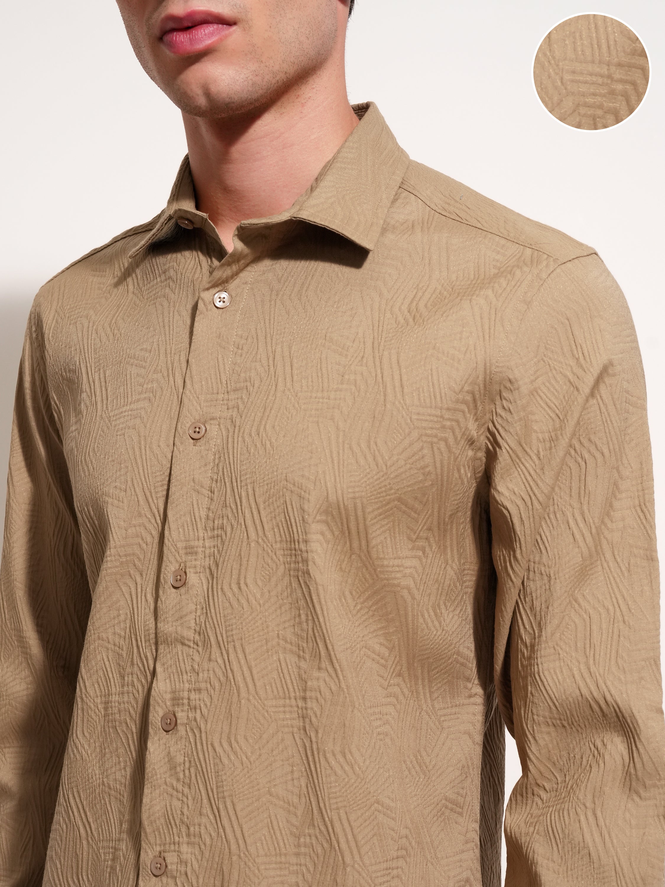 Highlander Men Khaki Self Design Slim Fit Casual Shirt - Khaki - Image 5