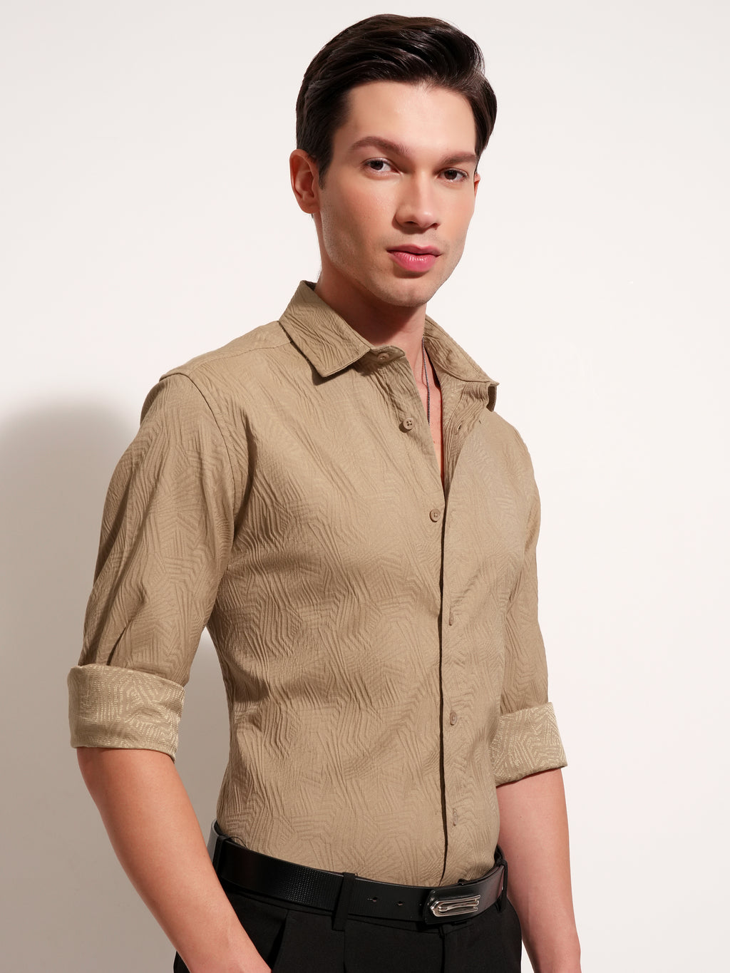 Highlander Men Khaki Self Design Slim Fit Casual Shirt - Khaki - Image 6