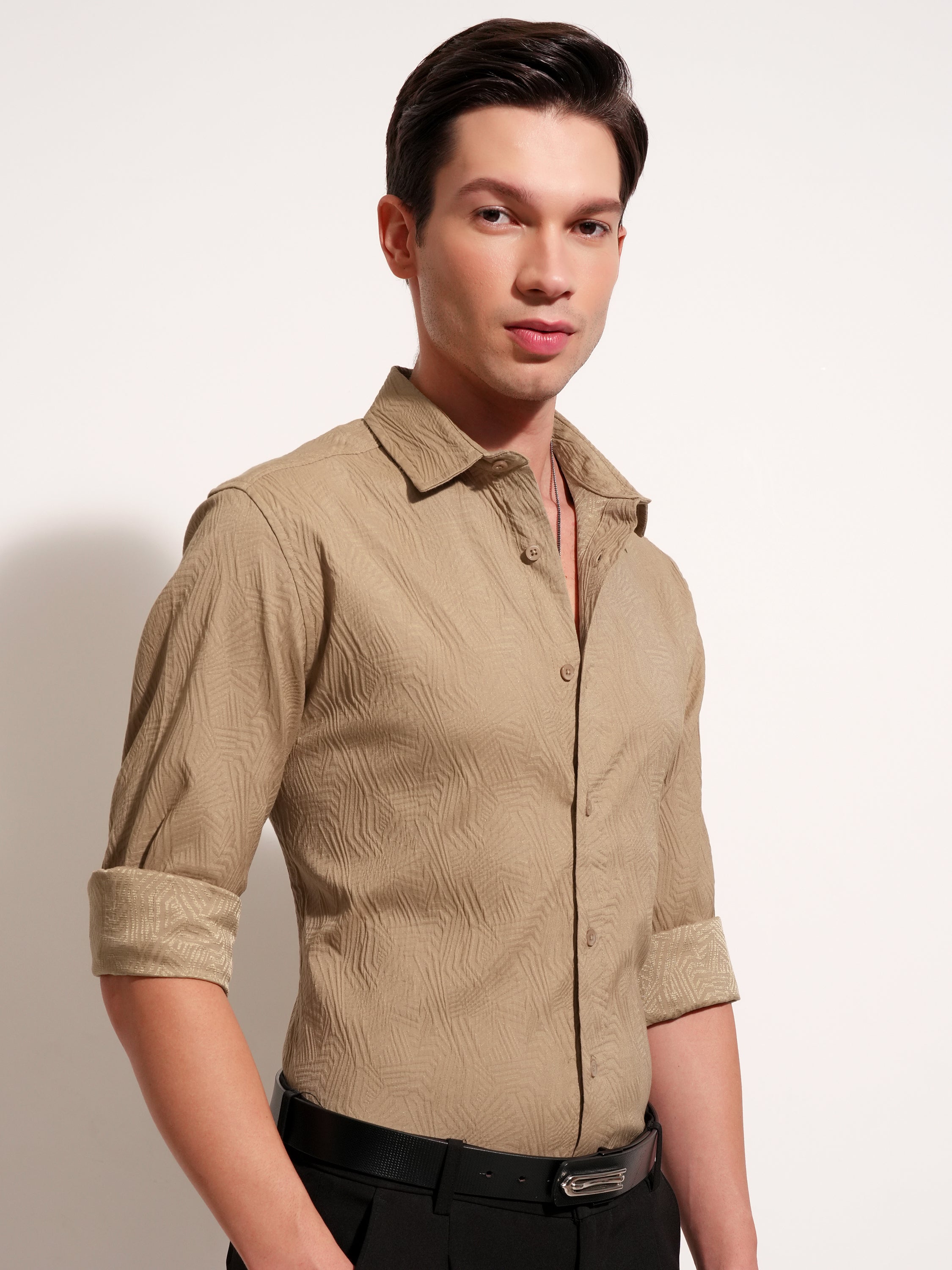 Highlander Men Khaki Self Design Slim Fit Casual Shirt - Khaki - Image 6