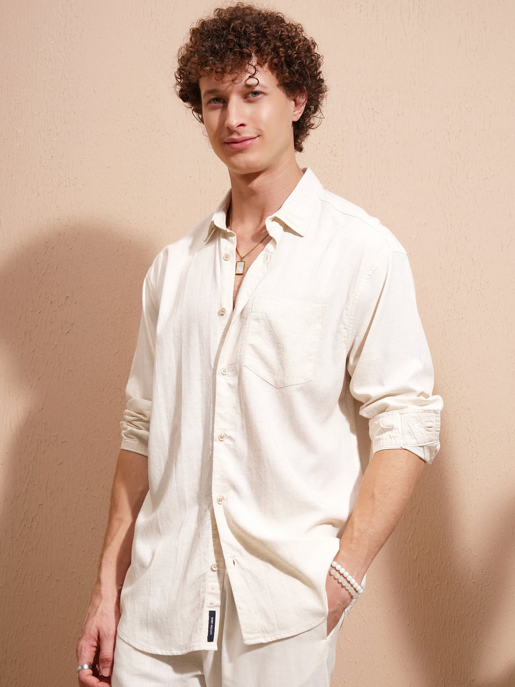 Highlander Men Cream Solid Relaxed Fit Casual Shirt - Cream - Image 4