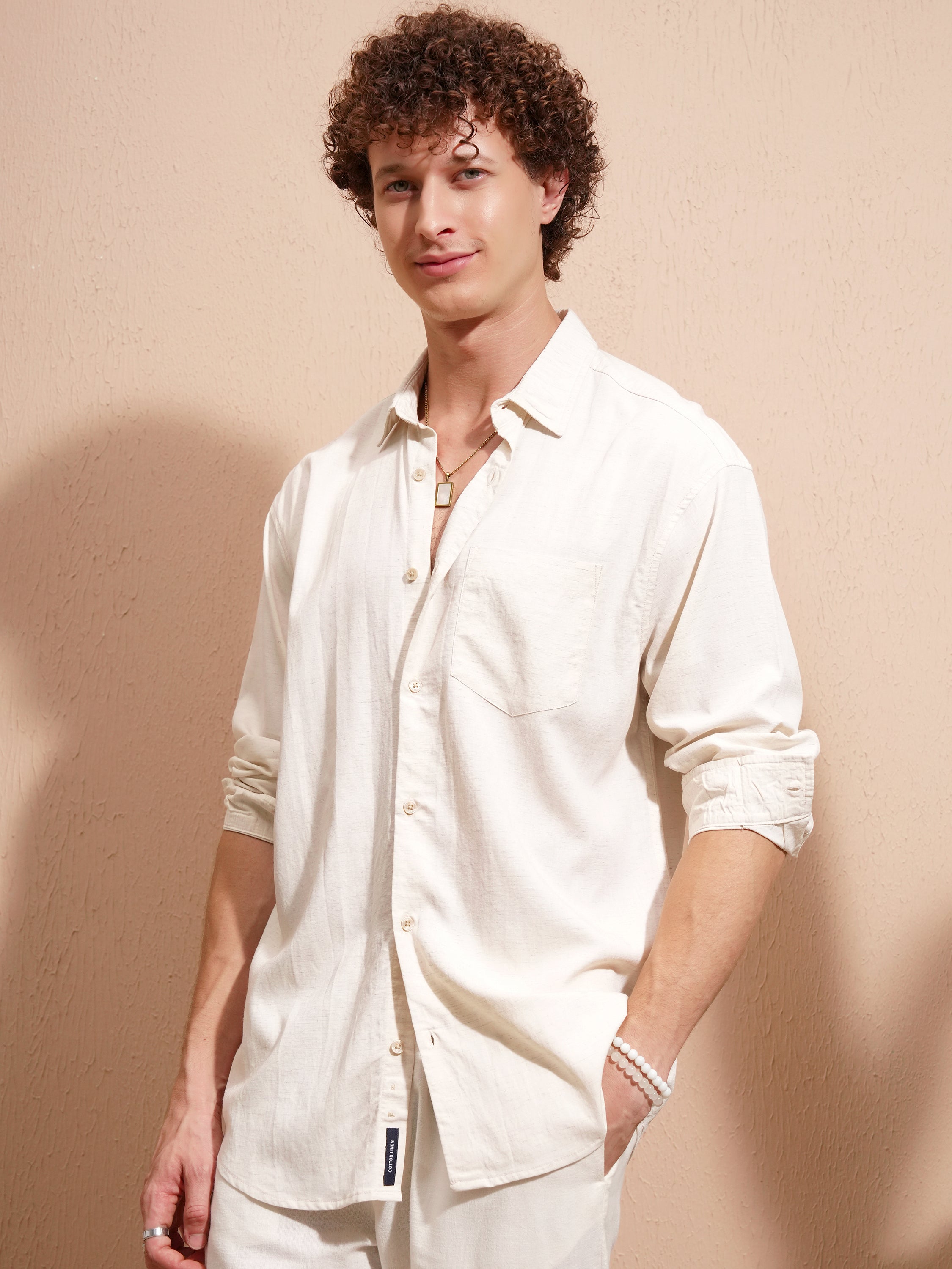 Highlander Men Cream Solid Relaxed Fit Casual Shirt - Cream - Image 4