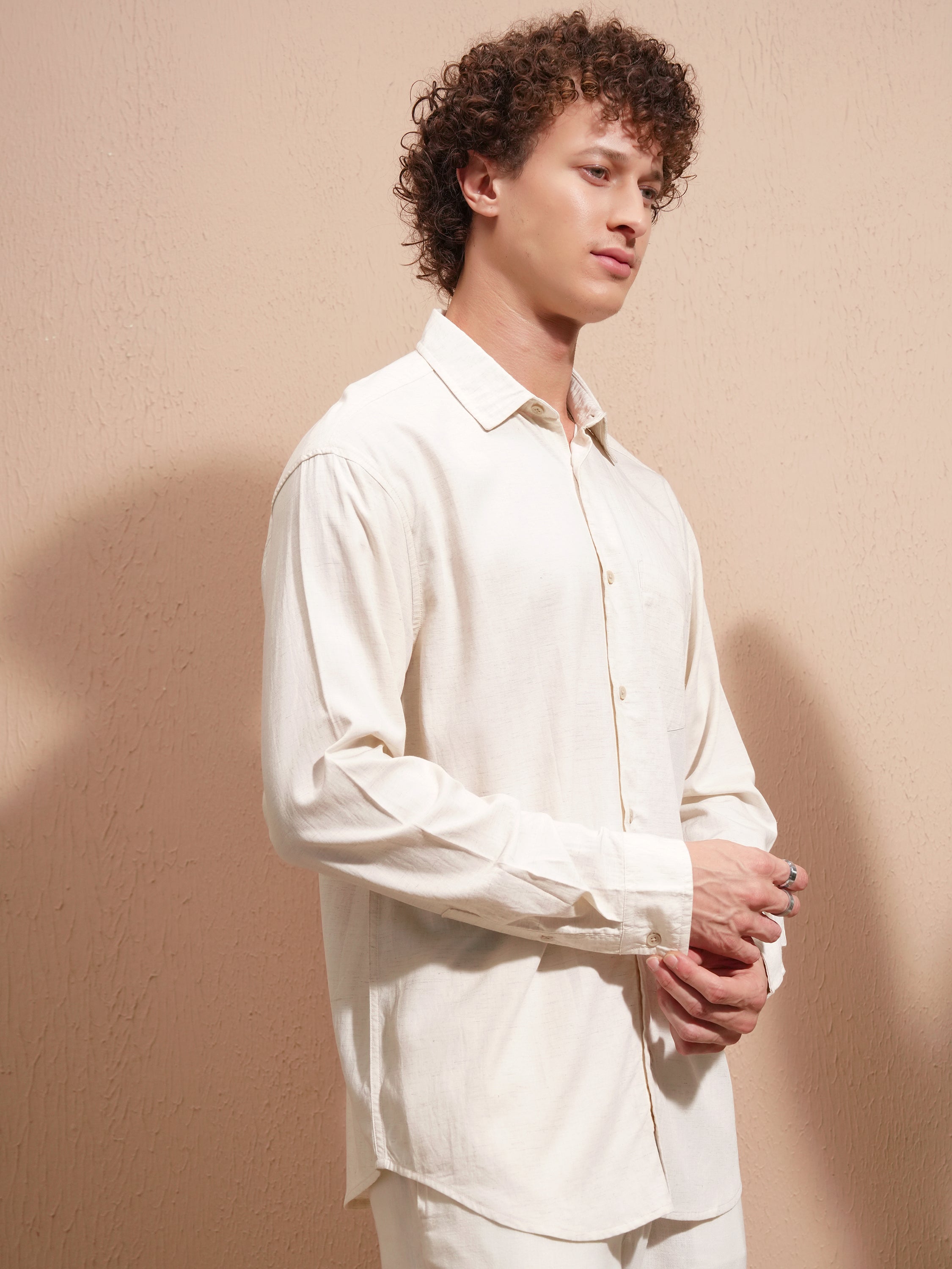Highlander Men Cream Solid Relaxed Fit Casual Shirt - Cream - Image 6