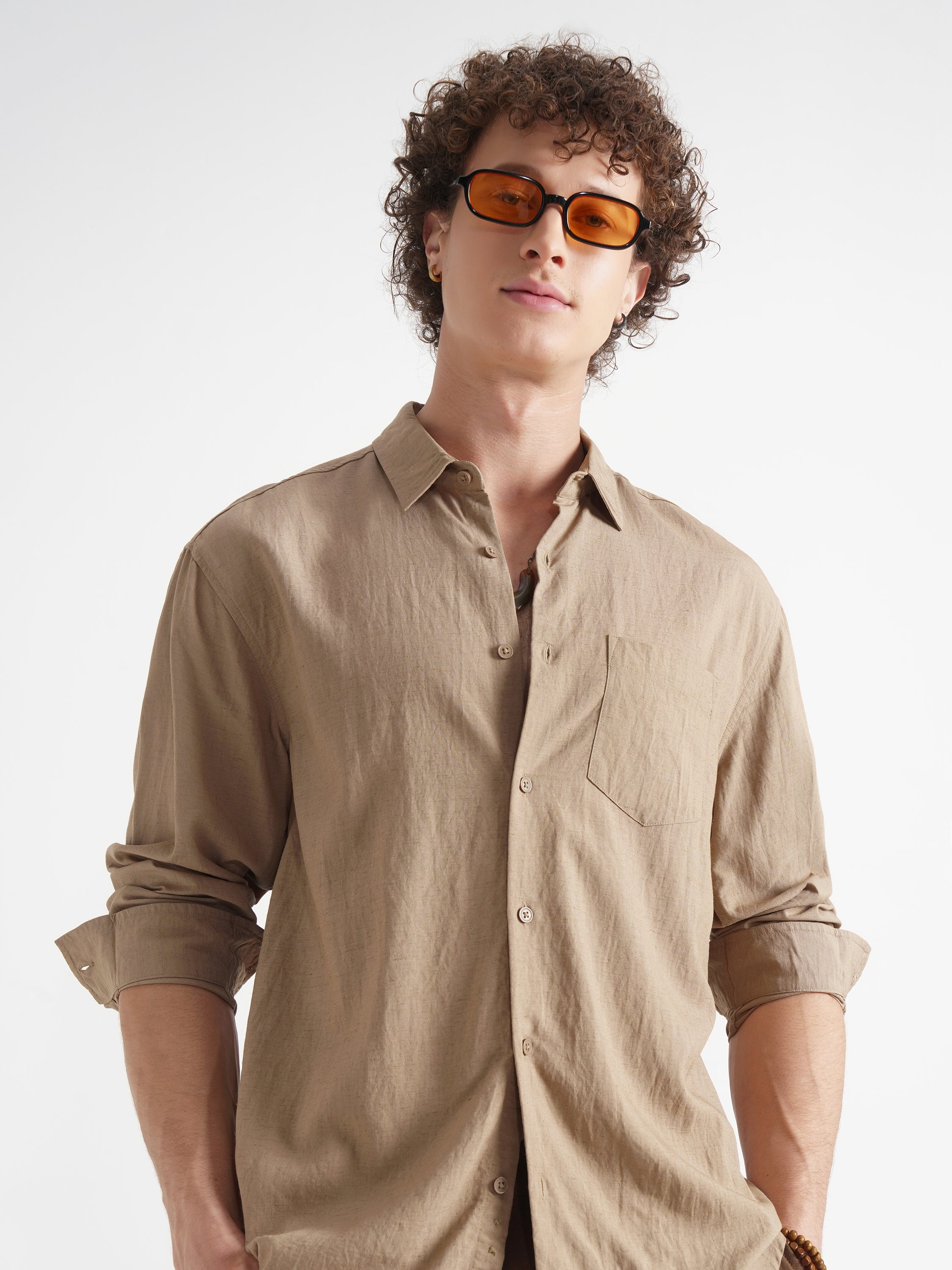 Highlander Men Khaki Self Design Relaxed Fit Casual Shirt - Khaki - Image 1