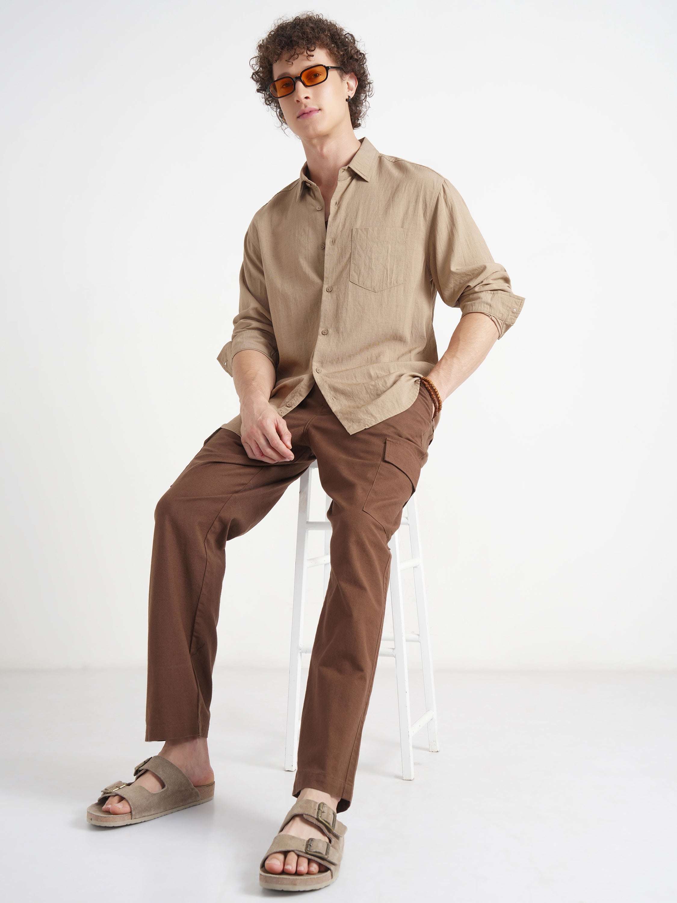 Highlander Men Khaki Self Design Relaxed Fit Casual Shirt - Khaki - Image 2