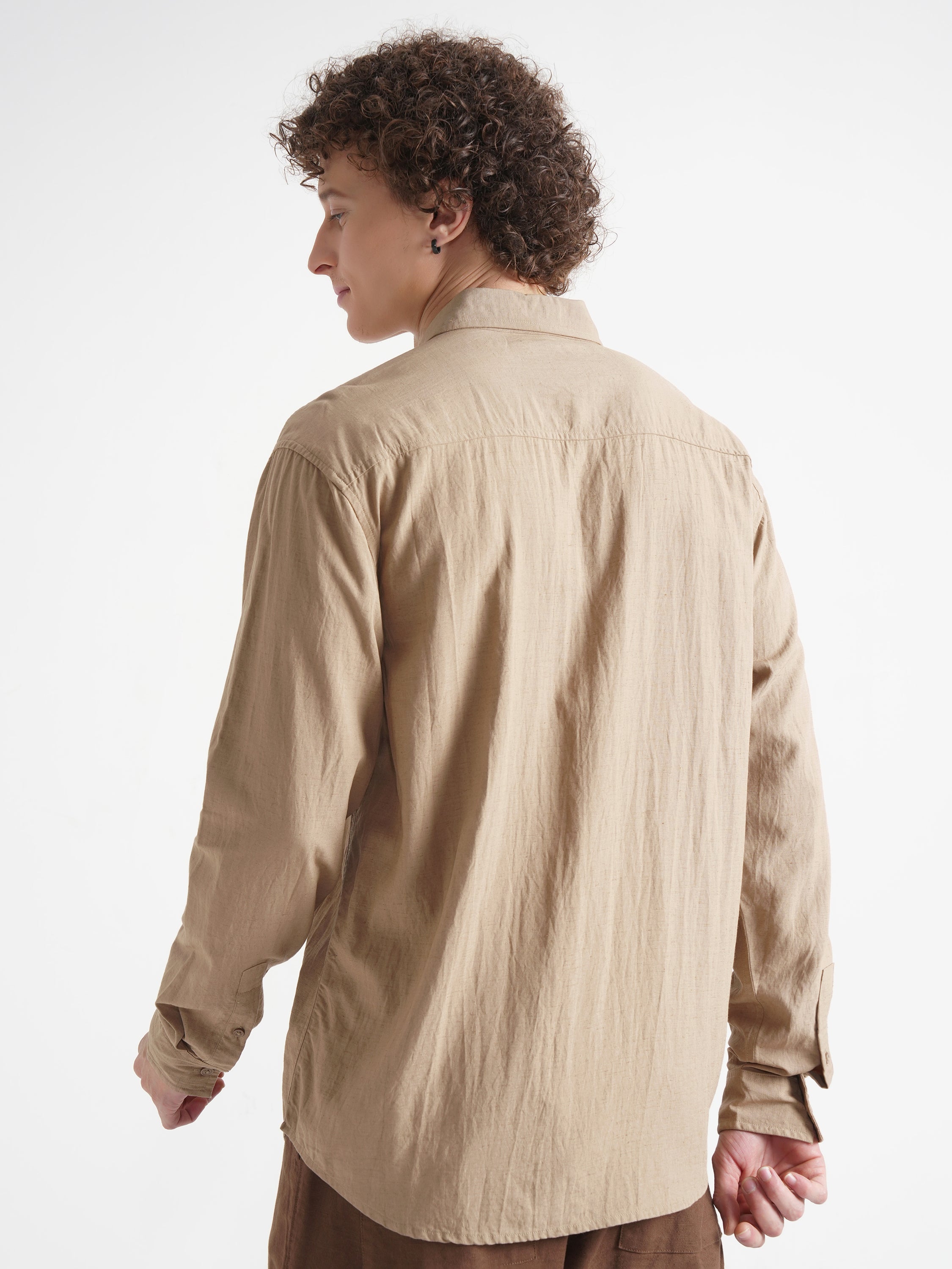 Highlander Men Khaki Self Design Relaxed Fit Casual Shirt - Khaki - Image 3