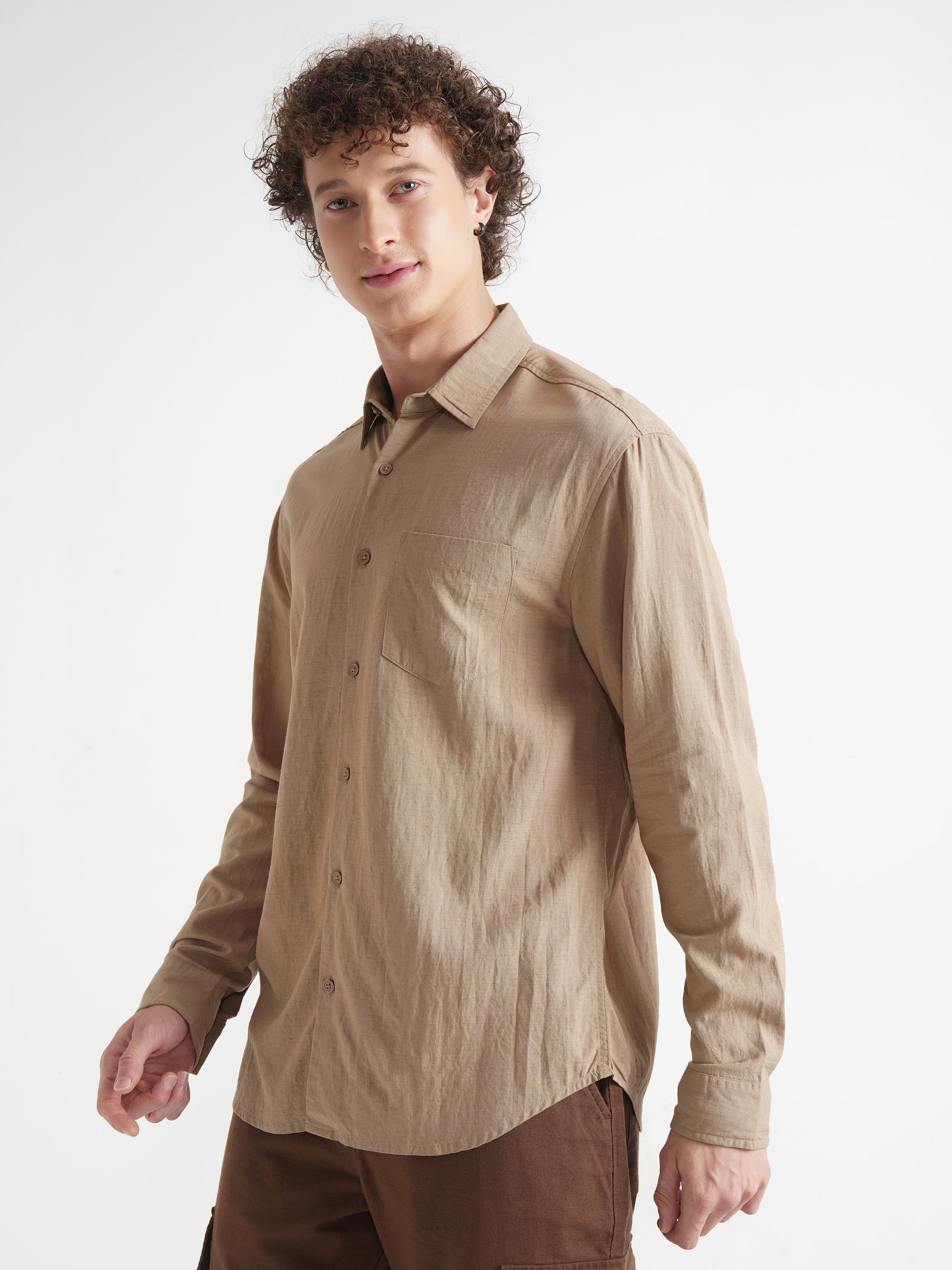 Highlander Men Khaki Self Design Relaxed Fit Casual Shirt - Khaki - Image 4