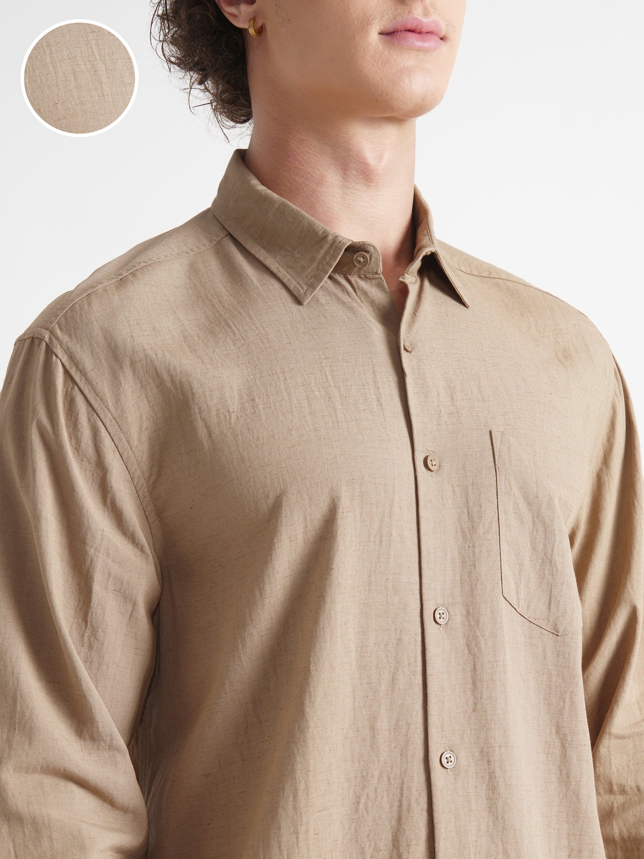 Highlander Men Khaki Self Design Relaxed Fit Casual Shirt - Khaki - Image 5