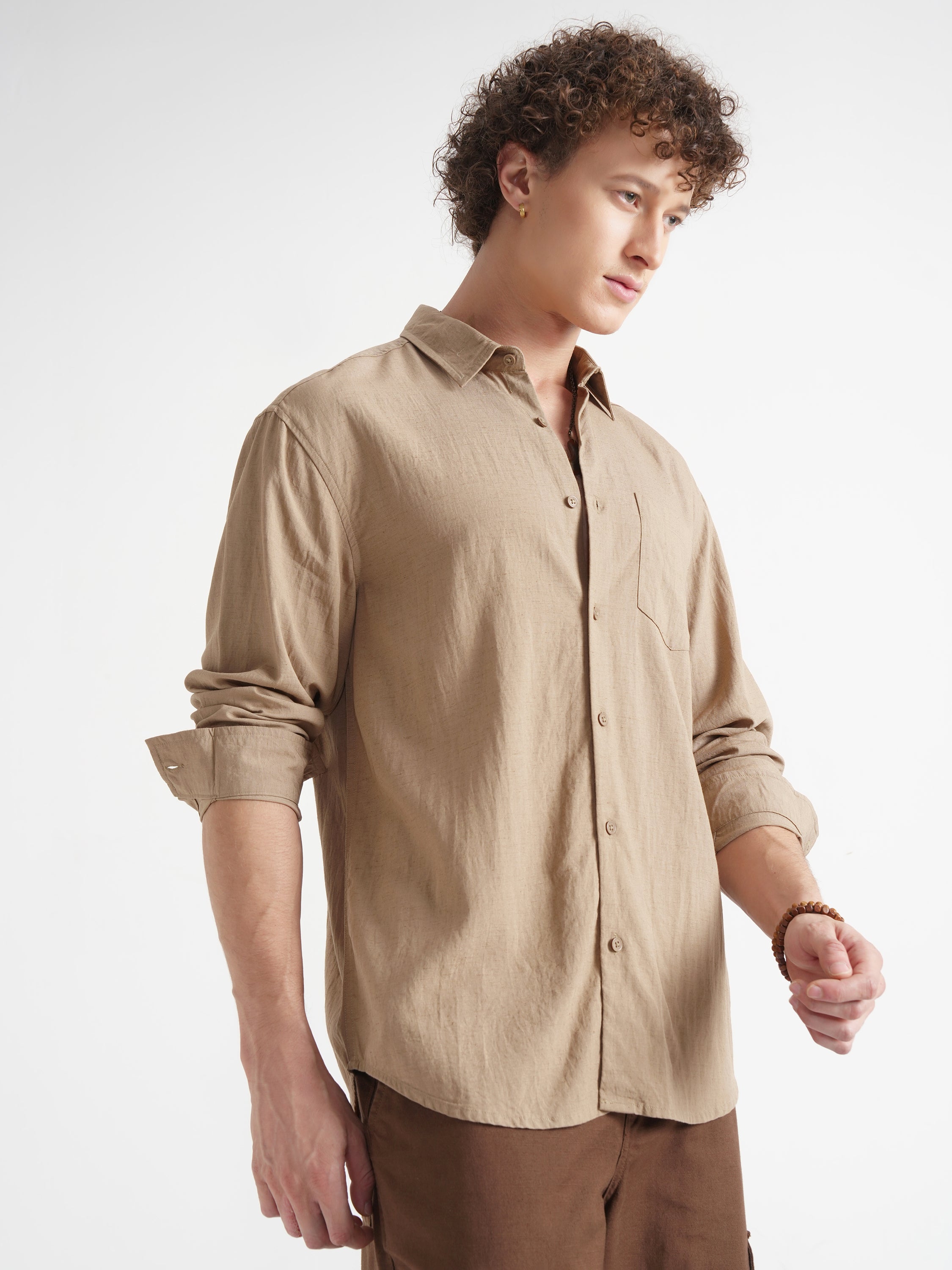 Highlander Men Khaki Self Design Relaxed Fit Casual Shirt - Khaki - Image 6