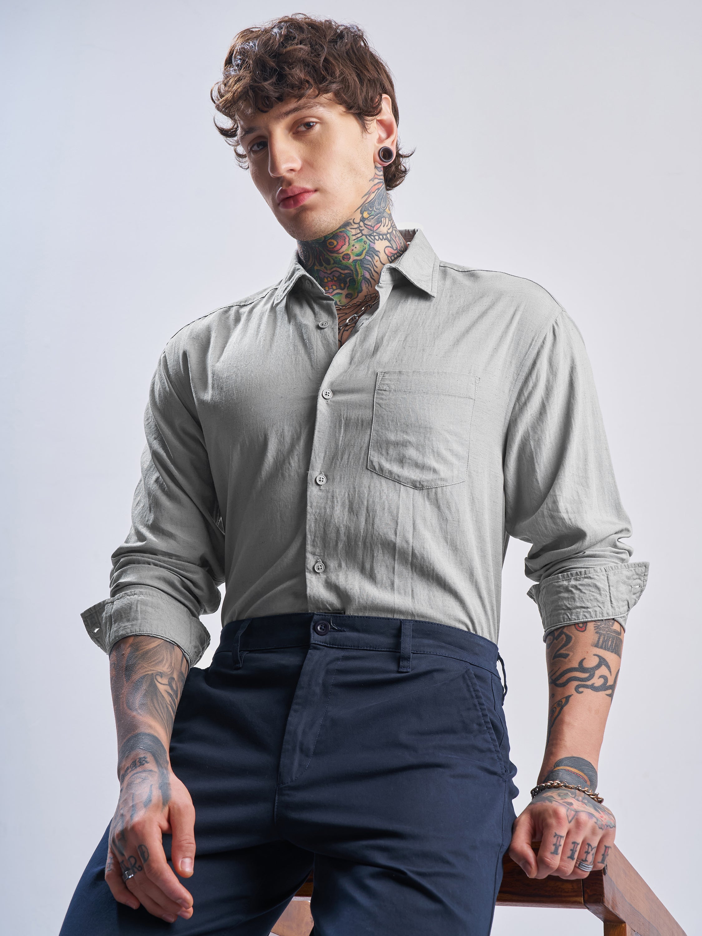 Highlander Men Grey Self Design Relaxed Fit Casual Shirt - Grey - Image 1