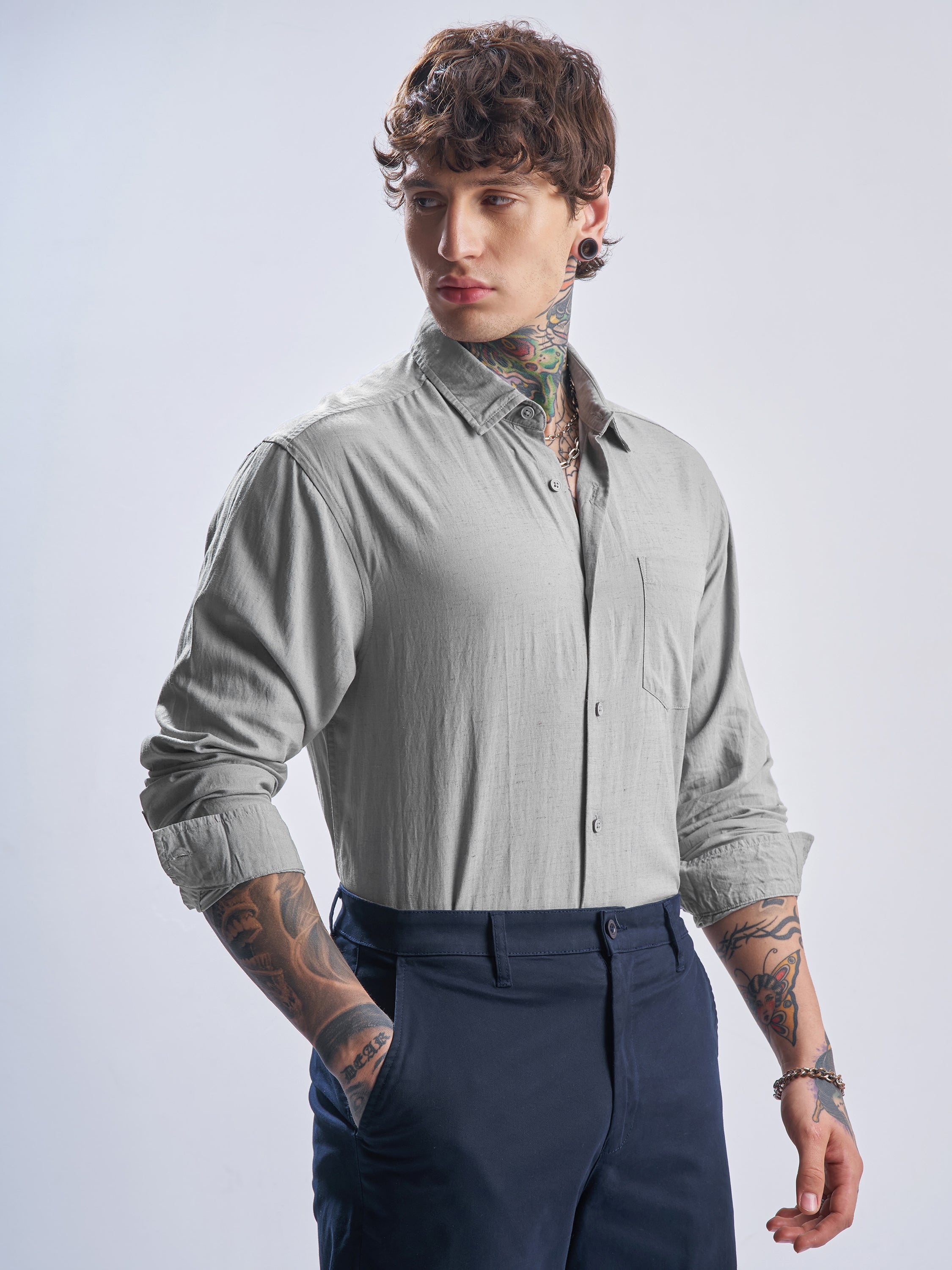 Highlander Men Grey Self Design Relaxed Fit Casual Shirt - Grey - Image 6