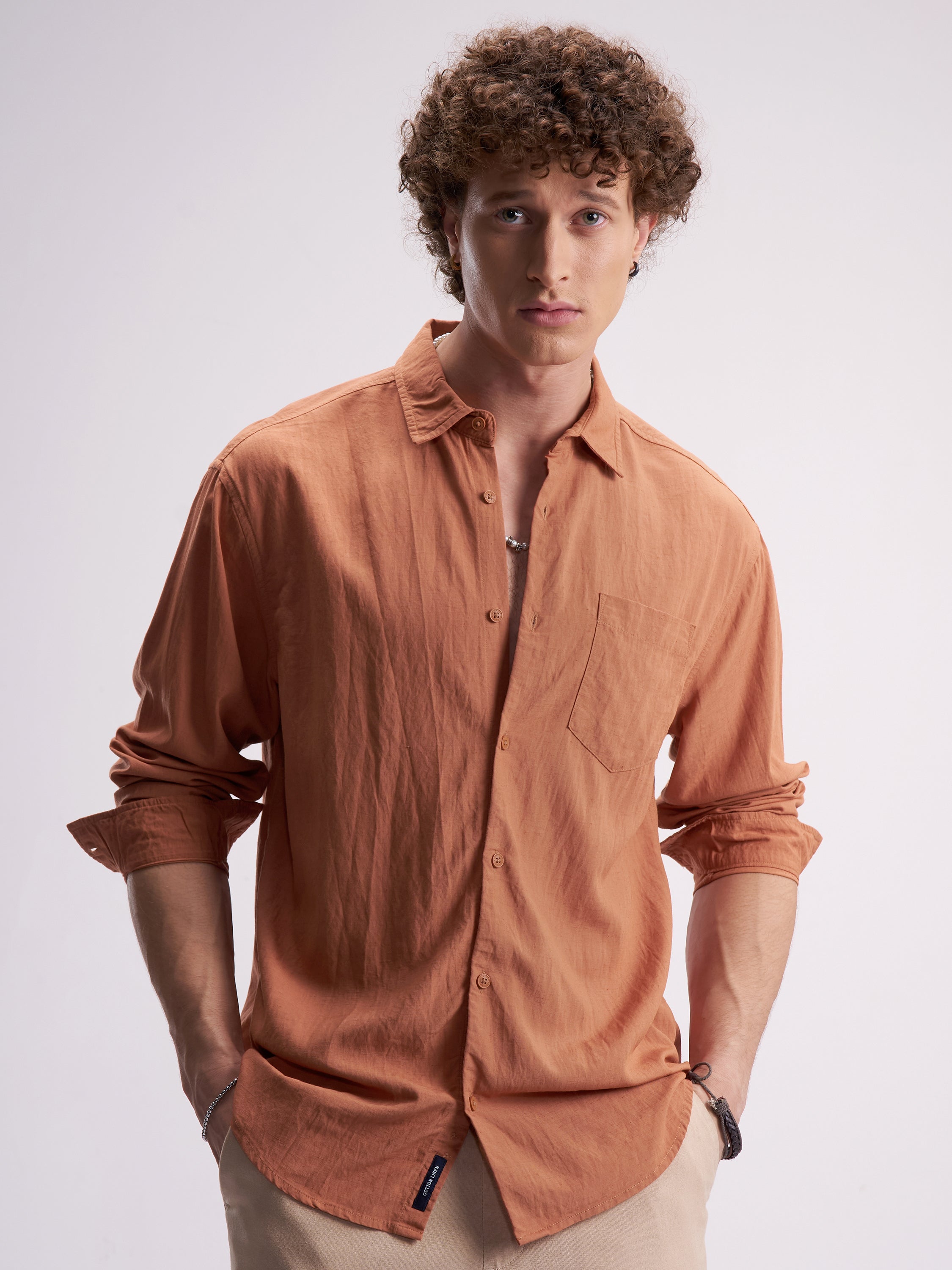Highlander Men Rust Self Design Relaxed Fit Casual Shirt - Rust - Image 1