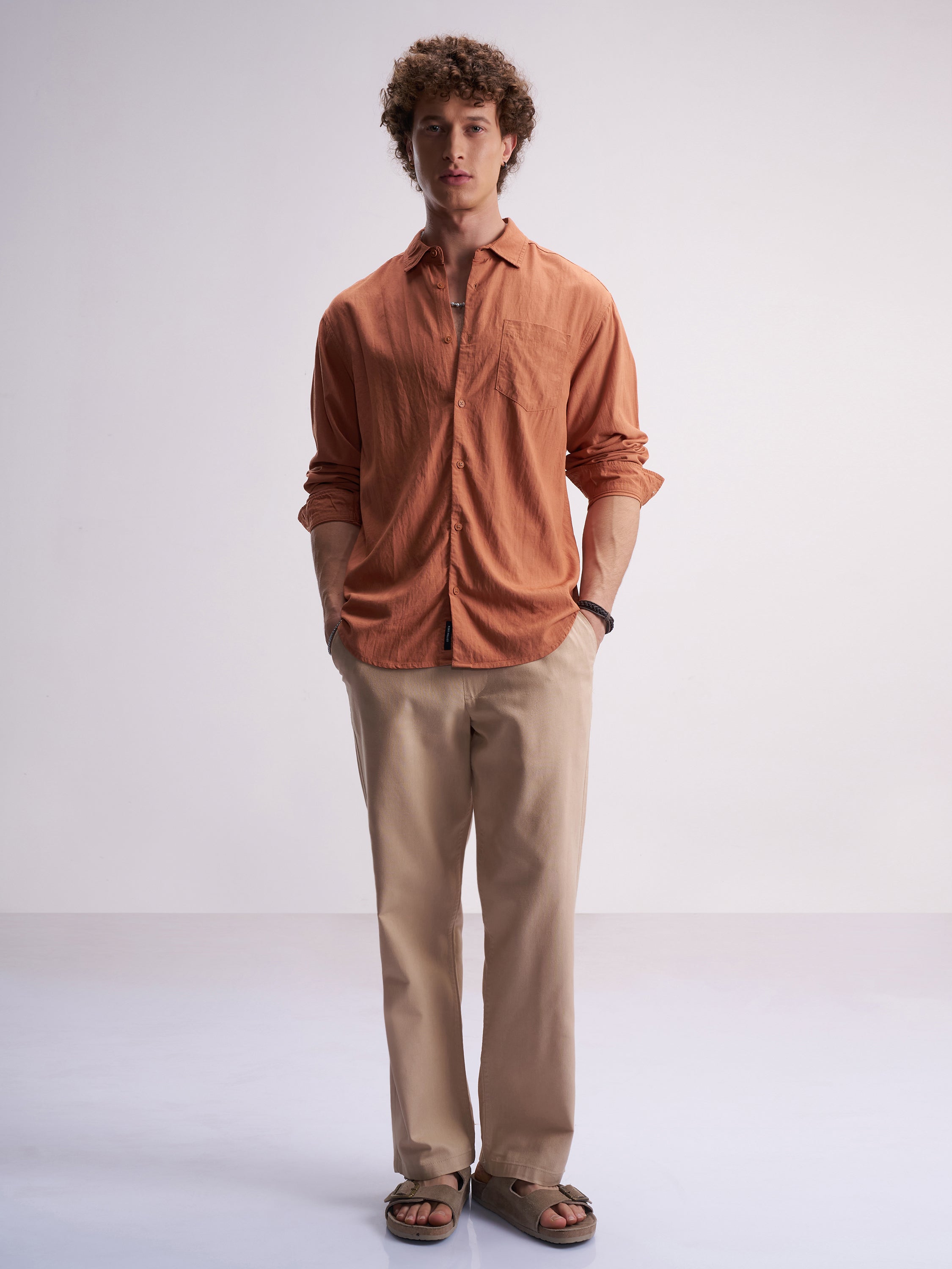 Highlander Men Rust Self Design Relaxed Fit Casual Shirt - Rust - Image 2