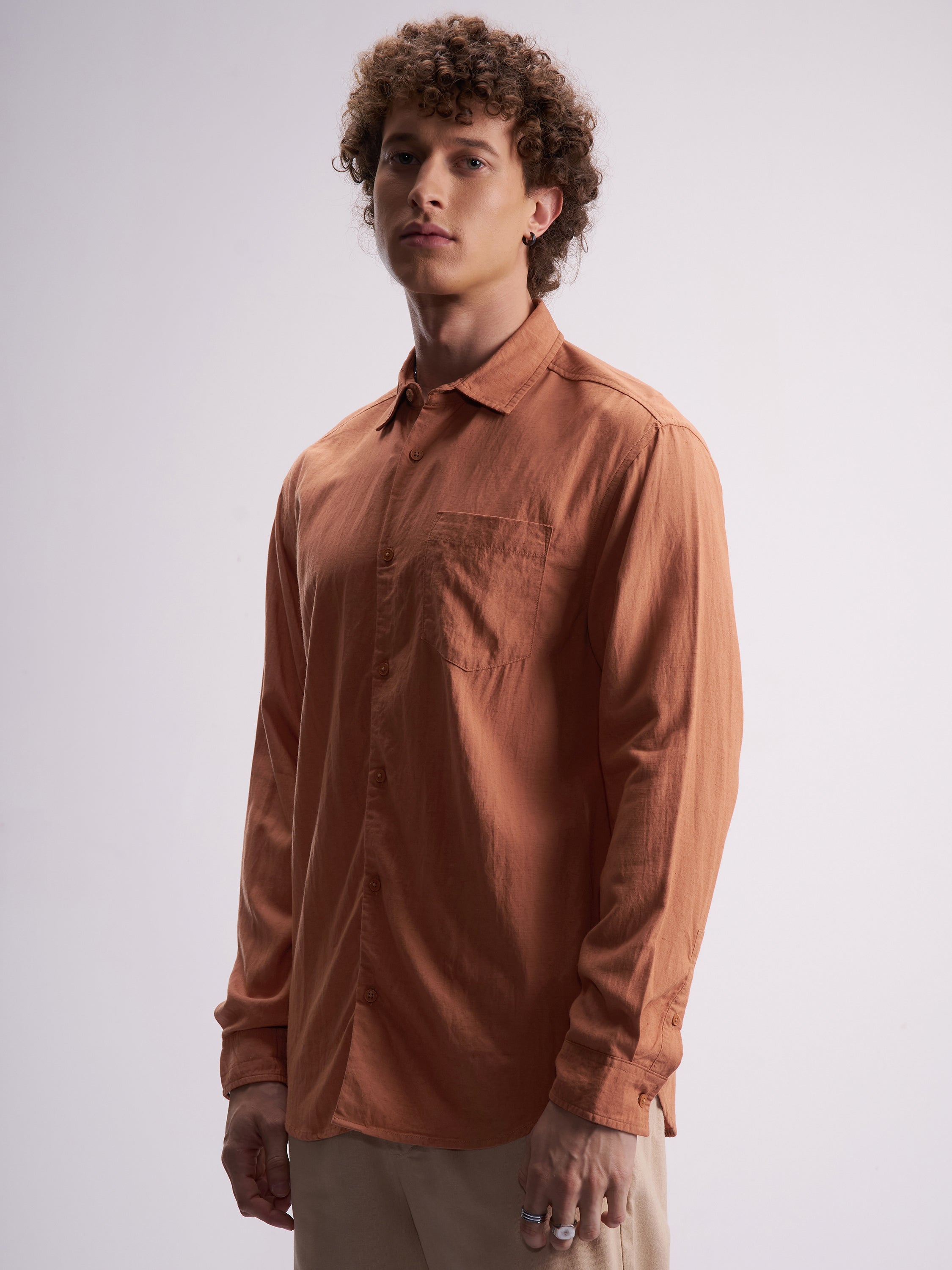 Highlander Men Rust Self Design Relaxed Fit Casual Shirt - Rust - Image 4