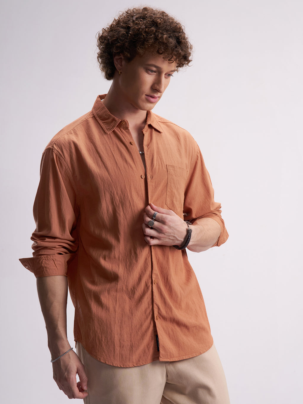 Highlander Men Rust Self Design Relaxed Fit Casual Shirt - Rust - Image 6