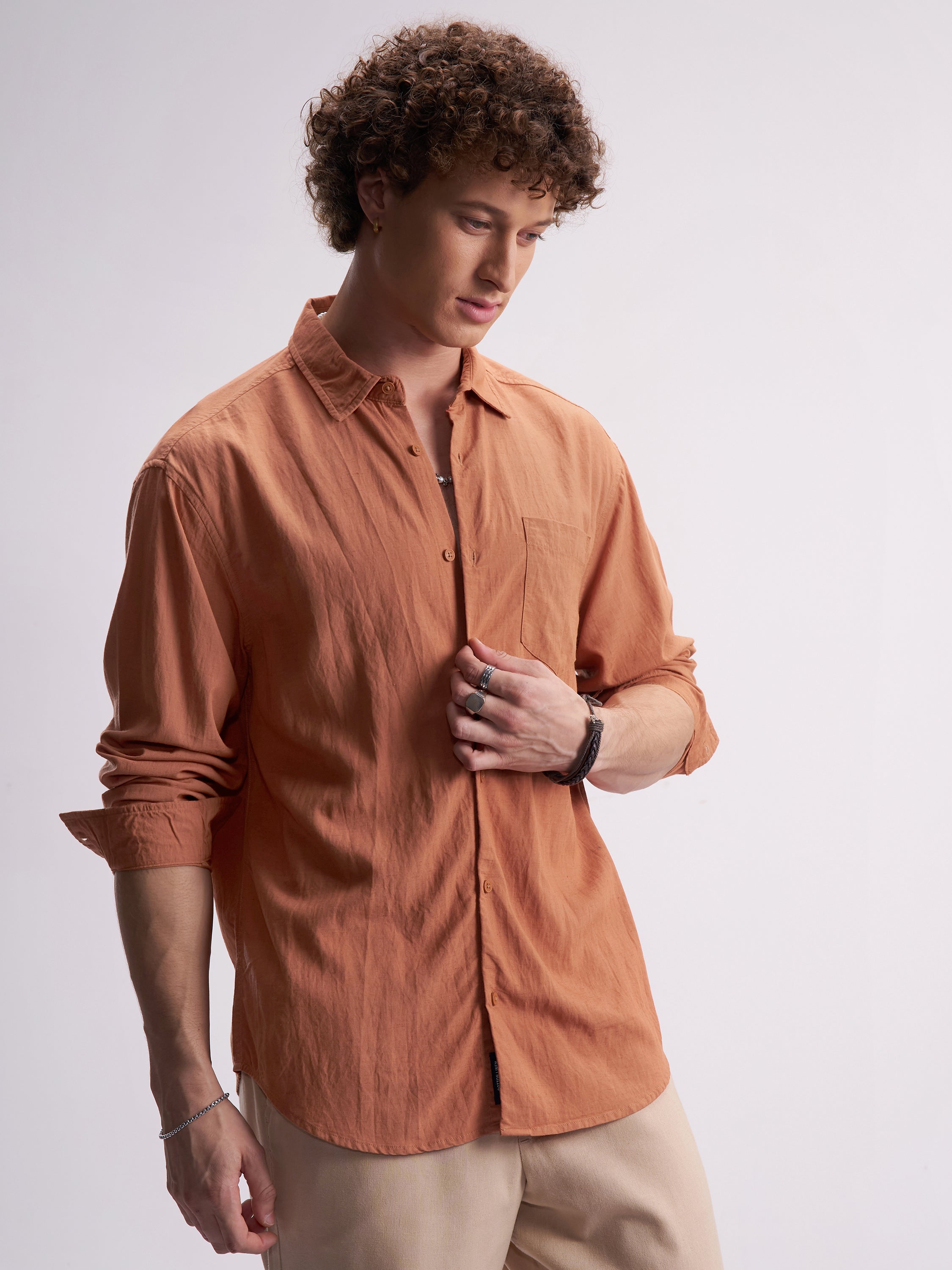 Highlander Men Rust Self Design Relaxed Fit Casual Shirt - Rust - Image 6