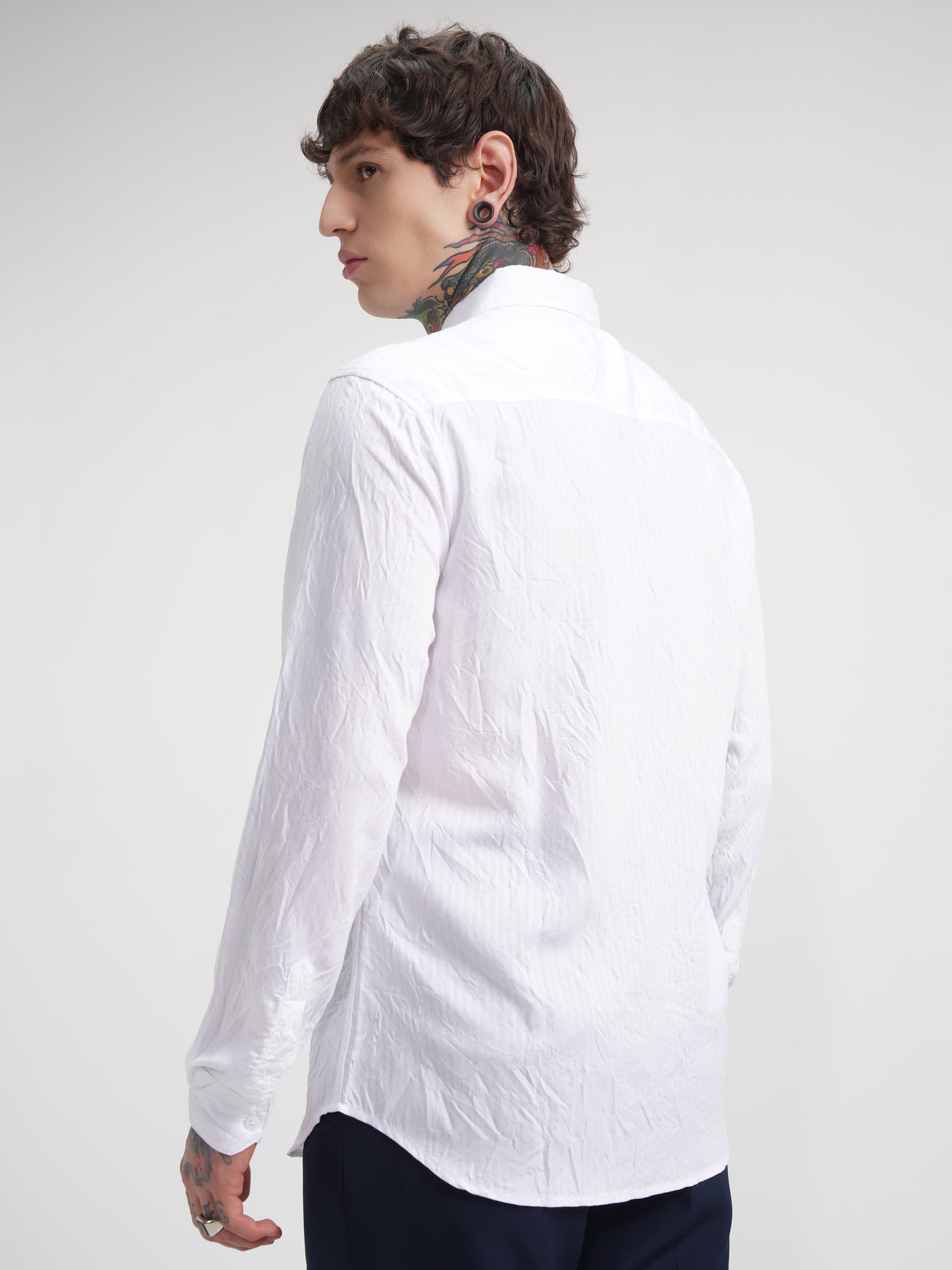 Highlander Men White Self Design Slim Fit Casual Shirt - White - Image 3