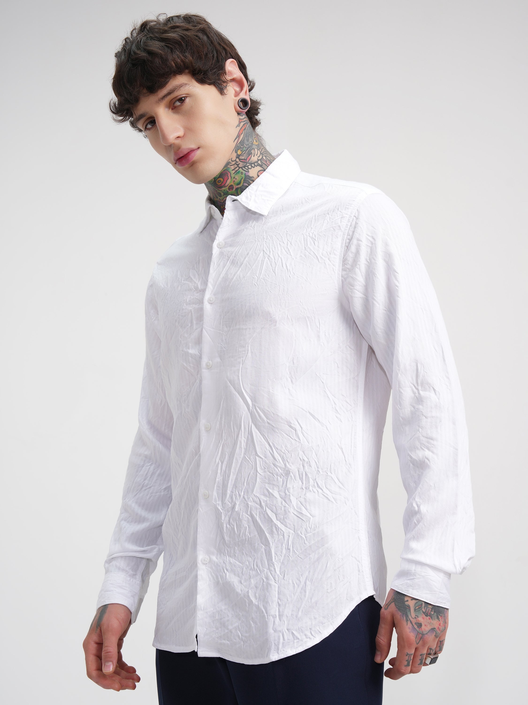 Highlander Men White Self Design Slim Fit Casual Shirt - White - Image 4