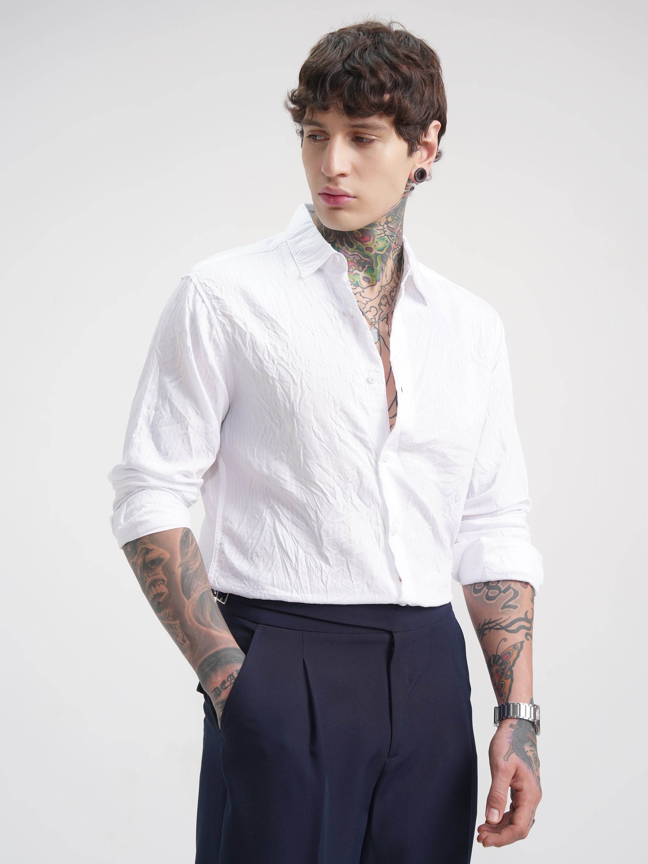 Highlander Men White Self Design Slim Fit Casual Shirt - White - Image 6