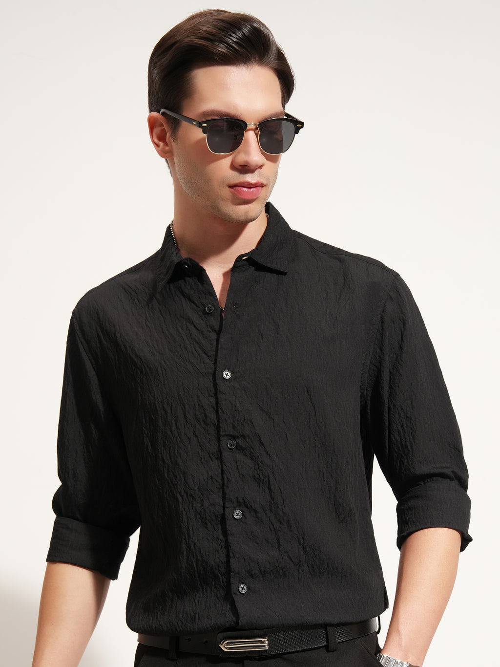 Highlander Men Black Self Design Slim Fit Casual Shirt - Black - Image 1