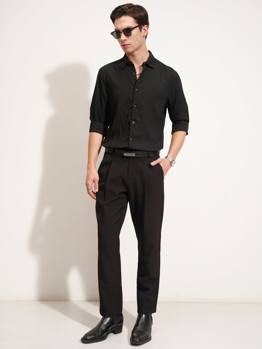 Highlander Men Black Self Design Slim Fit Casual Shirt - Black - Image 2