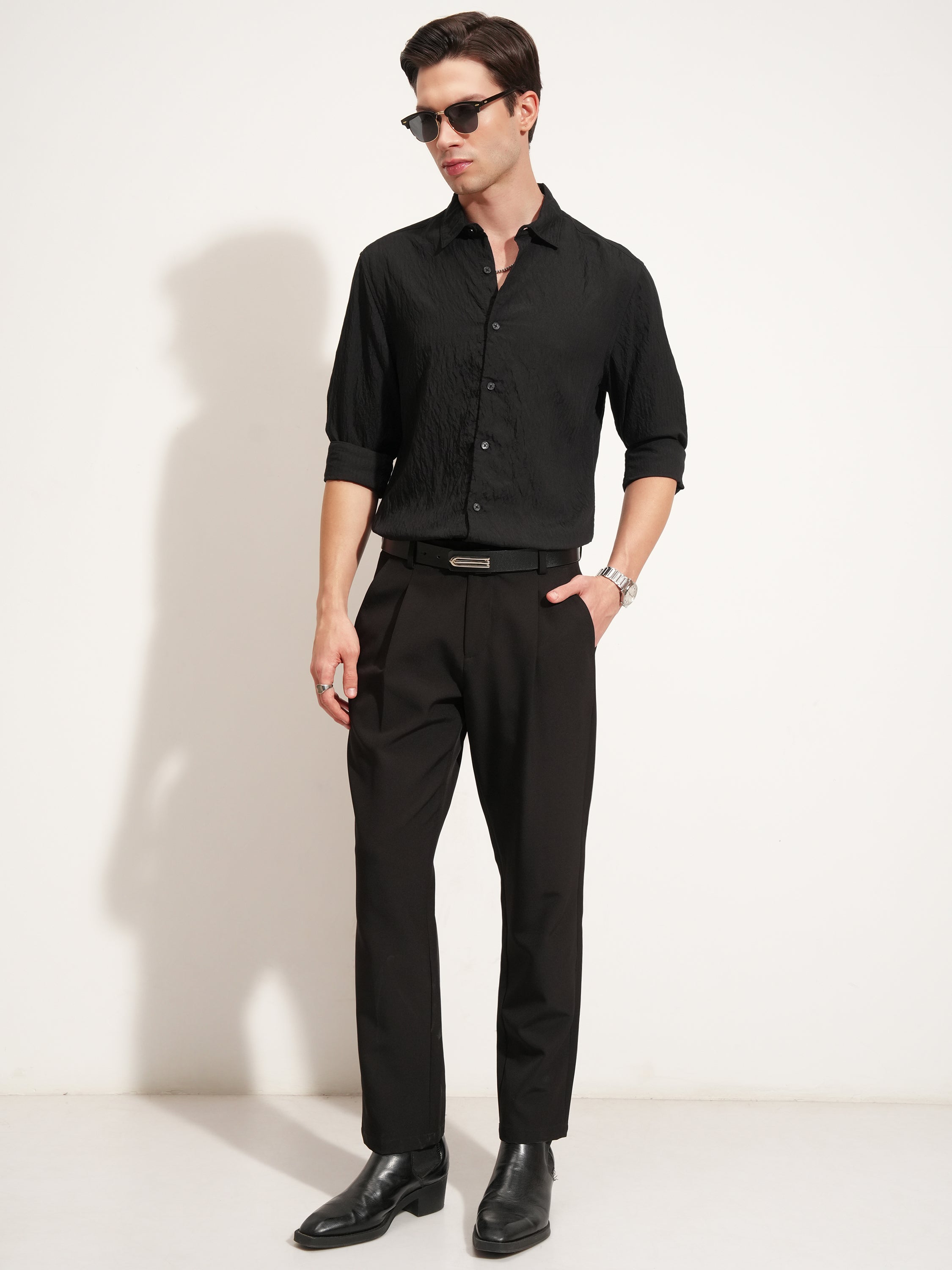 Highlander Men Black Self Design Slim Fit Casual Shirt - Black - Image 2