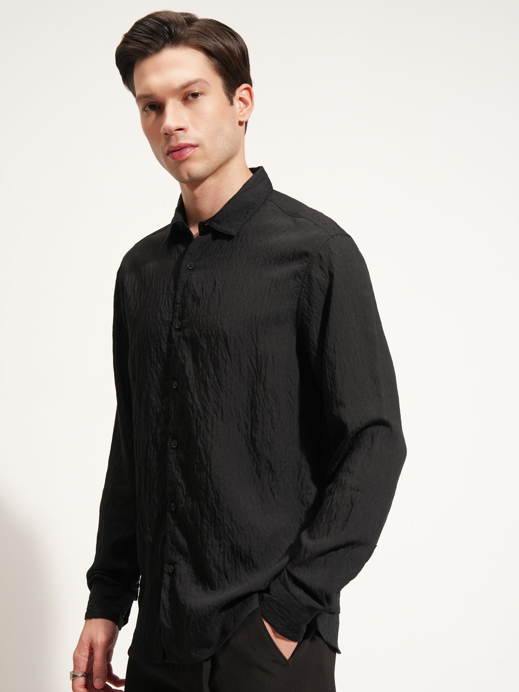 Highlander Men Black Self Design Slim Fit Casual Shirt - Black - Image 4