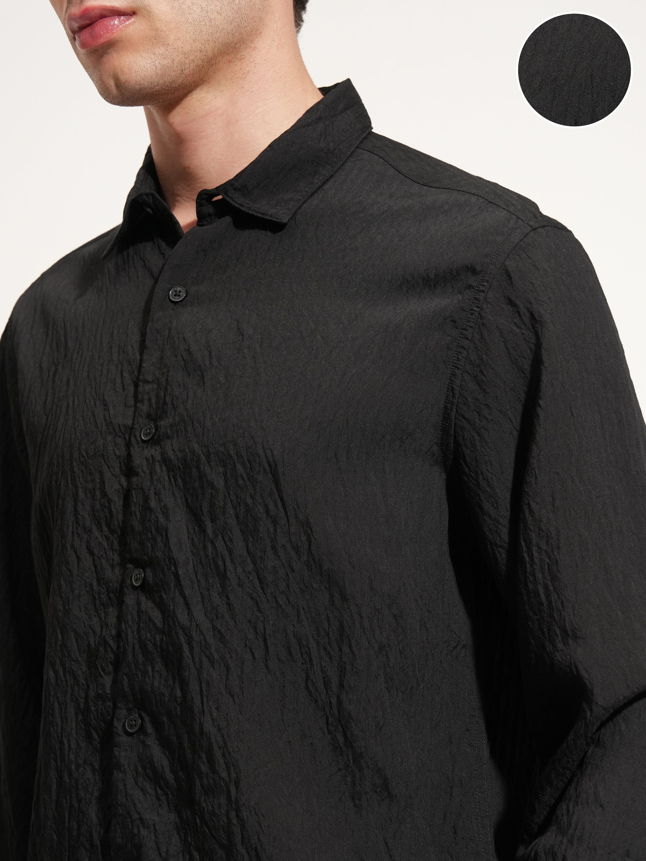 Highlander Men Black Self Design Slim Fit Casual Shirt - Black - Image 5
