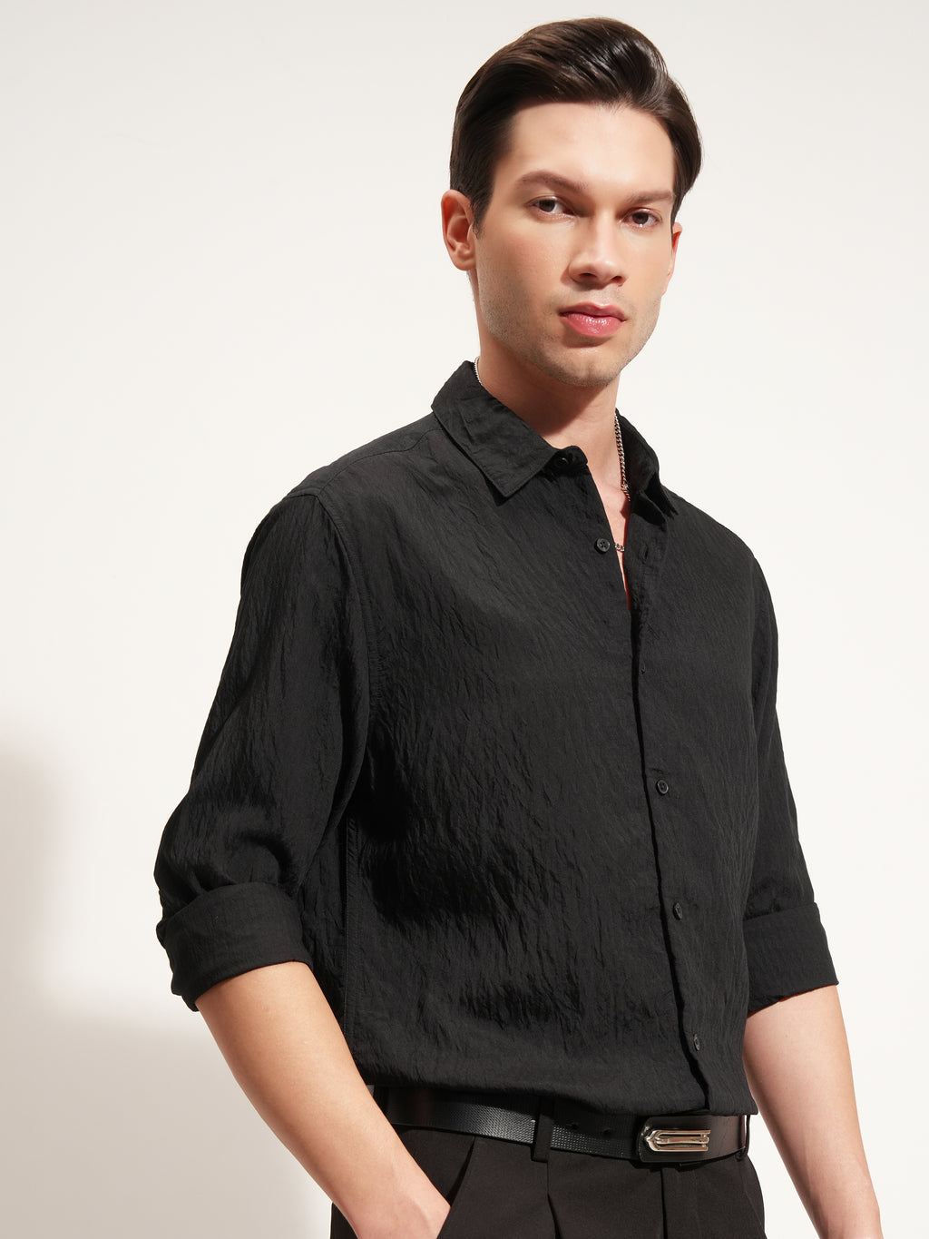 Highlander Men Black Self Design Slim Fit Casual Shirt - Black - Image 6
