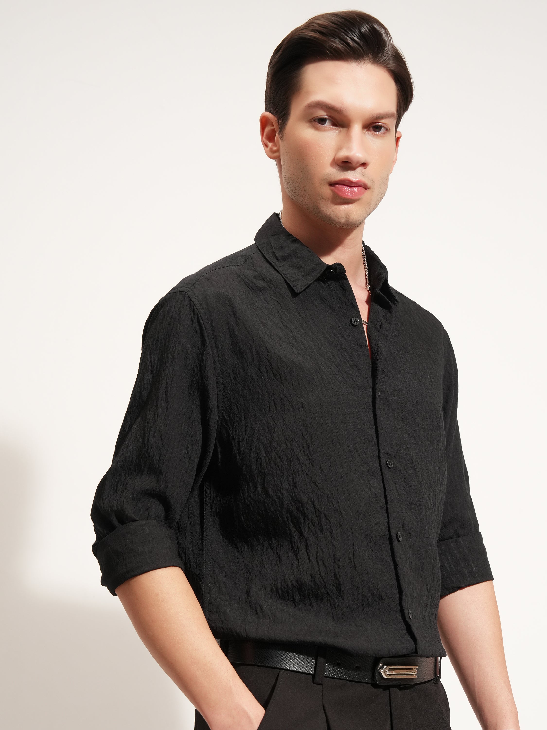Highlander Men Black Self Design Slim Fit Casual Shirt - Black - Image 6