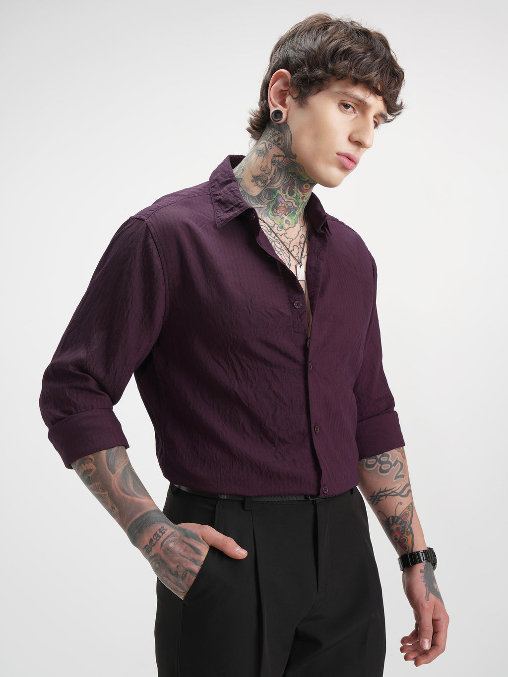Highlander Men Burgundy Self Design Slim Fit Casual Shirt - Burgundy - Image 6